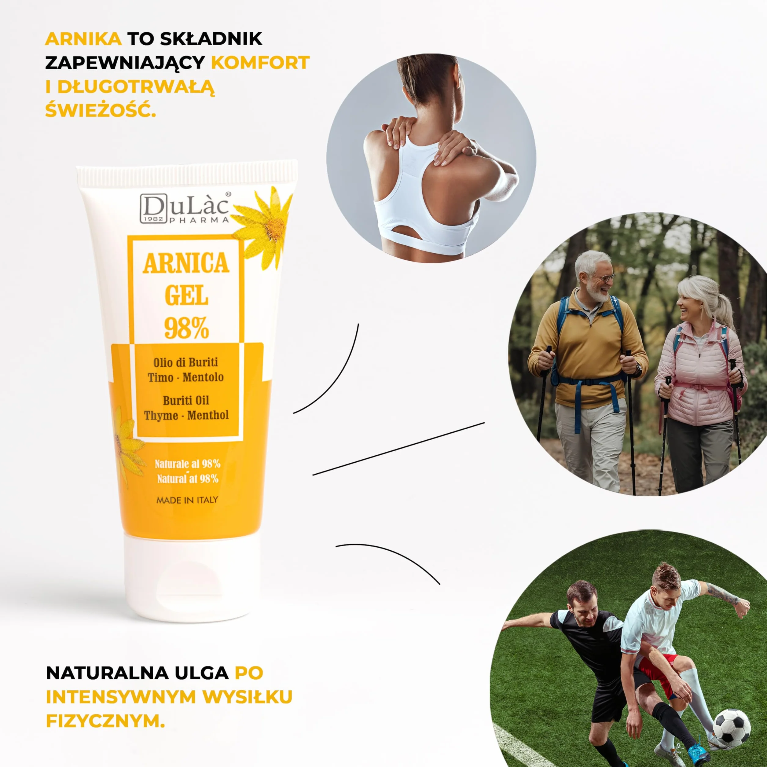 DuLàc, Żel z Arniką 98% z Olejkiem Buriti, Tymiankiem i Mentolem, Odpowiedni do Masażu Skóry Mięśni i Stawów, Testowany Dermatologicznie, Testowany na Nikiel, Wyprodukowany we Włoszech, 50 ml