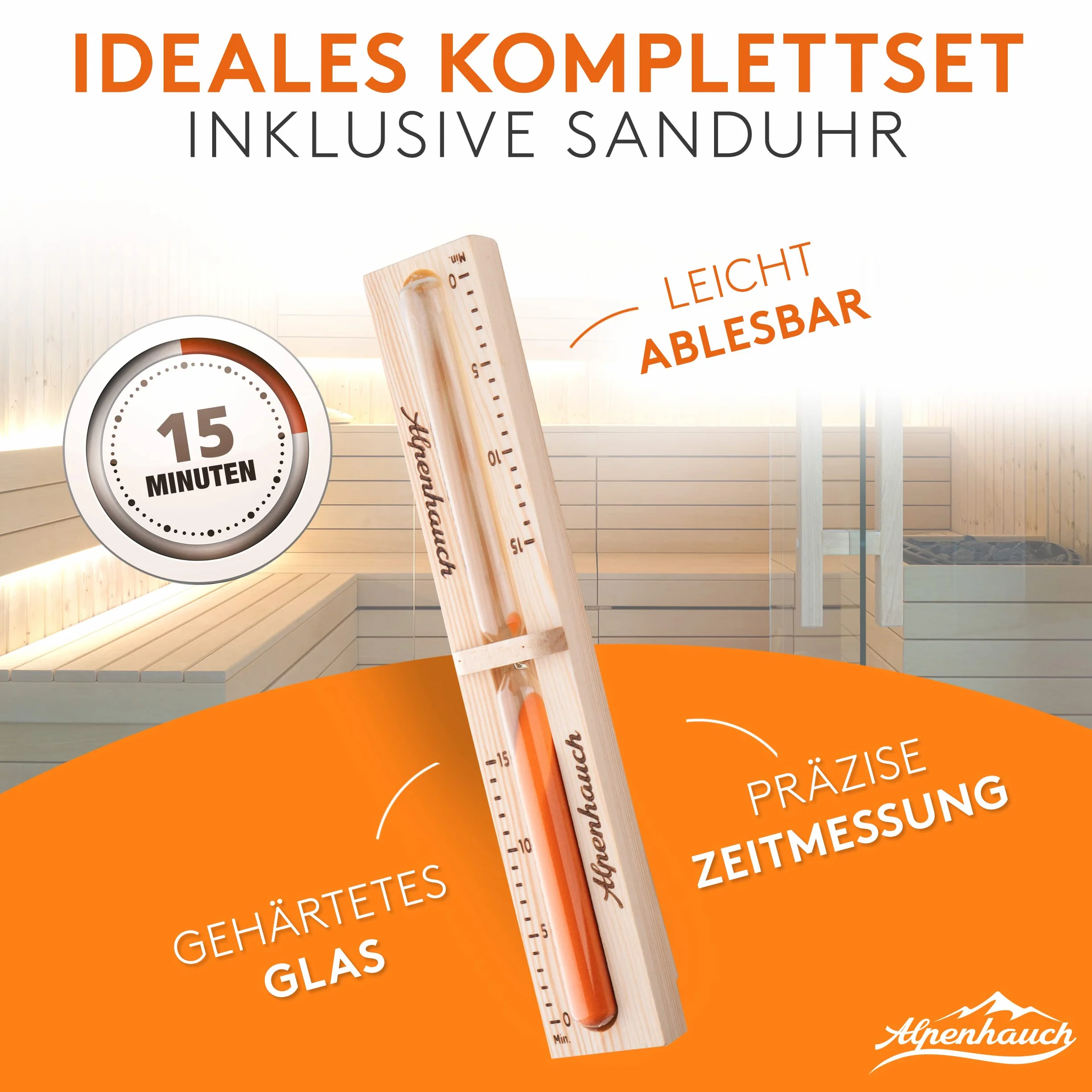 ALPENHAUCH Wiadro do sauny z chochlą [100% naturalne drewno] – elegancki zestaw do sauny z klepsydrą i termometrem / higrometrem – trwałe akcesoria do sauny – zestaw wiadra do infuzji wraz z