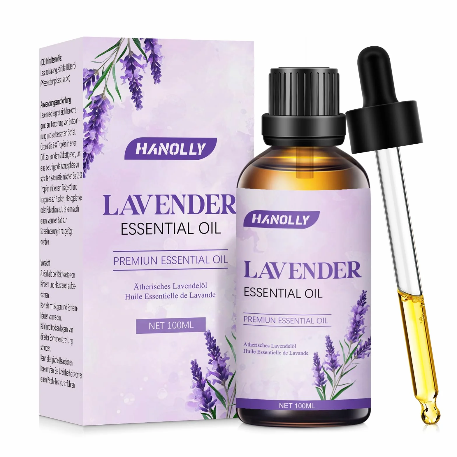 Hanolly Olejek Eteryczny Lawendowy 100 ml, Czysty, Naturalny Olejek Zapachowy Lawendowy Do Dyfuzorów, Aromaterapii, Pielęgnacji Skóry, Świec Zapachowych, Mydła Diy