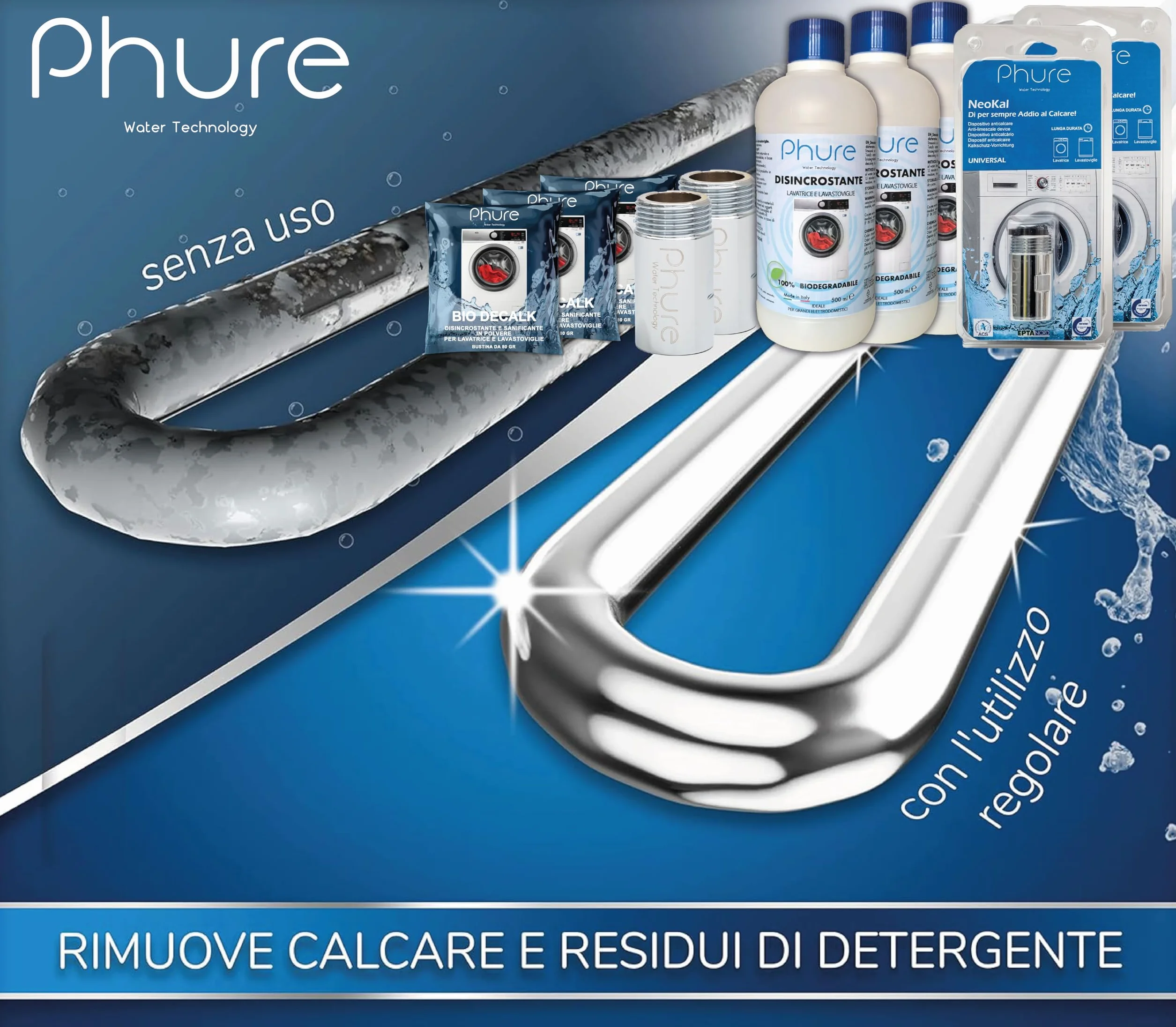 PHURE Odkamieniacz w proszku do prania w pralce, zmywarki i dużych urządzeń, kompatybilny ze wszystkimi markami, w 100% biodegradowalny, wyprodukowany we Włoszech