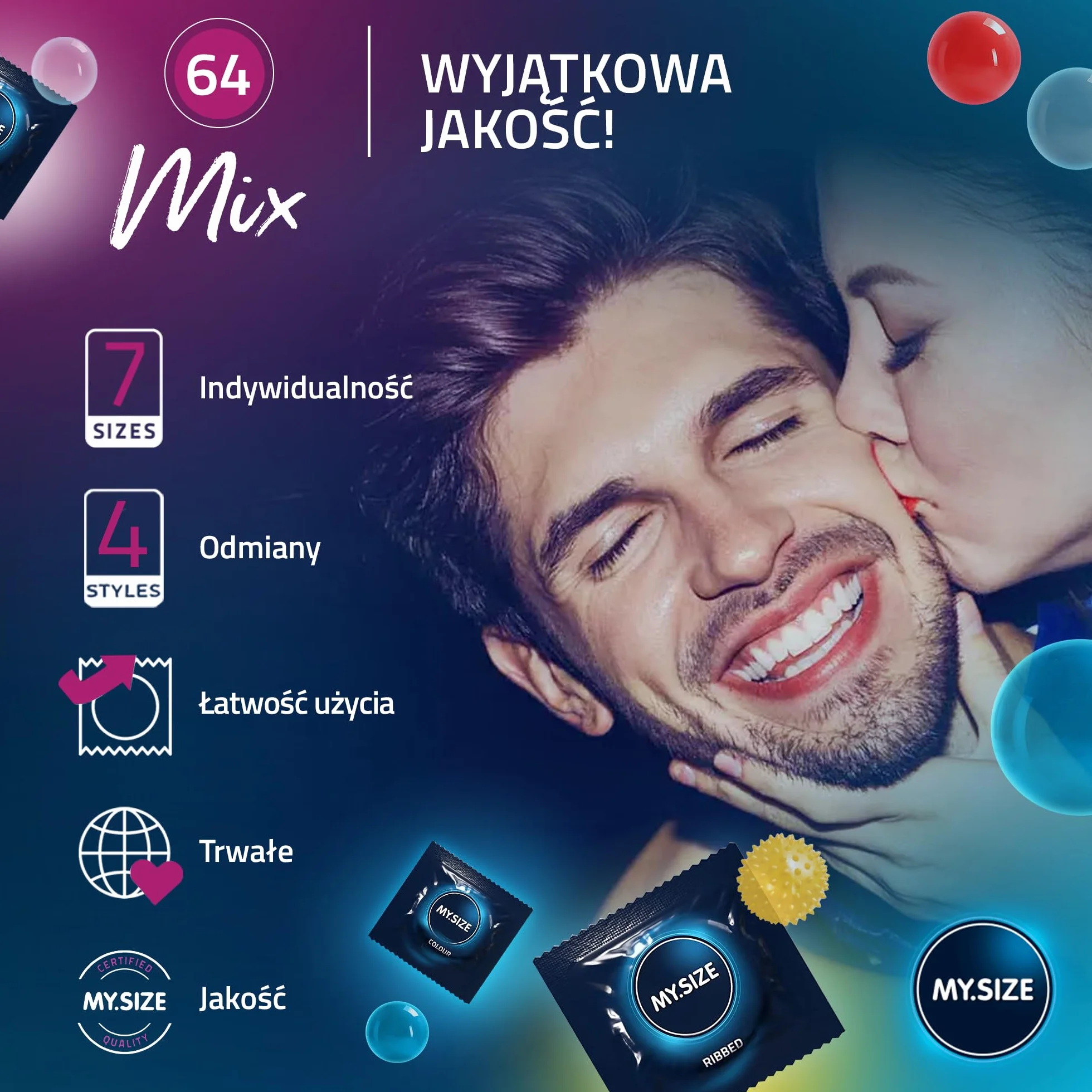 MY.SIZE Mix prezerwatywy 28 sztuk 64 mm rozmiar 6 smakowe kolorowe prążkowane klasyczne