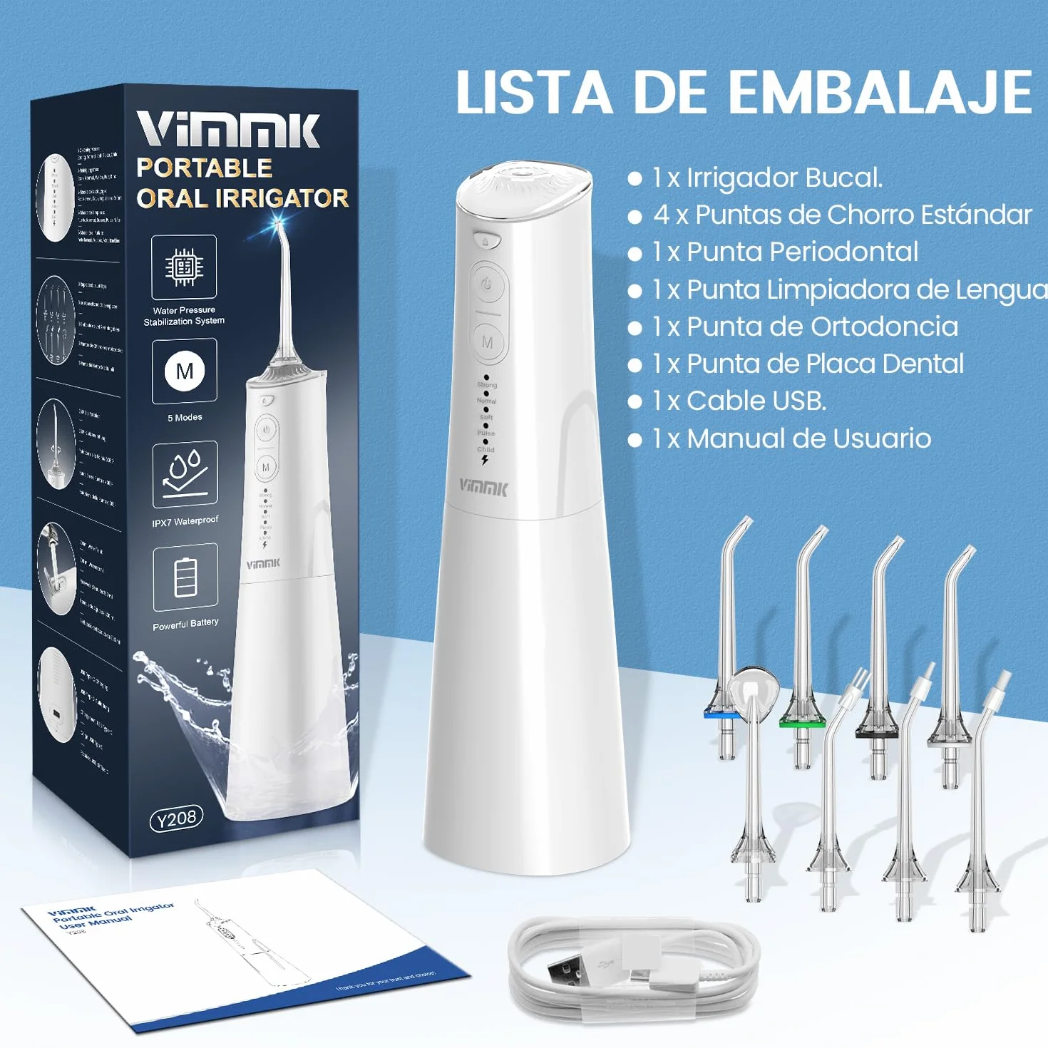 Vimmk bezprzewodowy irygator do zębów, elektryczny przyrząd do czyszczenia zębów, 5 trybów i 8 dysz, USB-C, możliwość ponownego ładowania, wodoszczelność IPX7, kolor beżowy