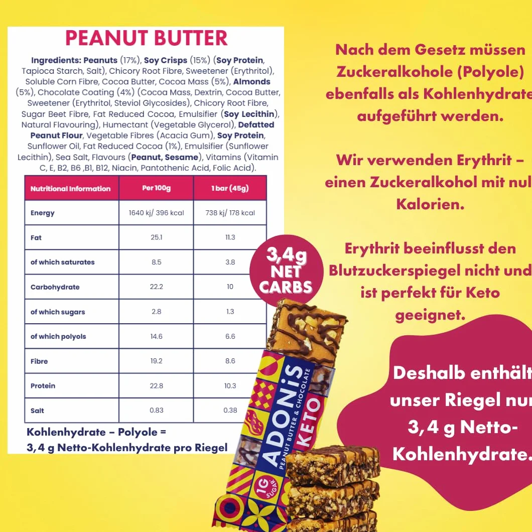 Adonis Keto Protein Bars Peanut Butter & Chocolate Low Carb High Protein Vegan Gluten Free Paleo Box 16