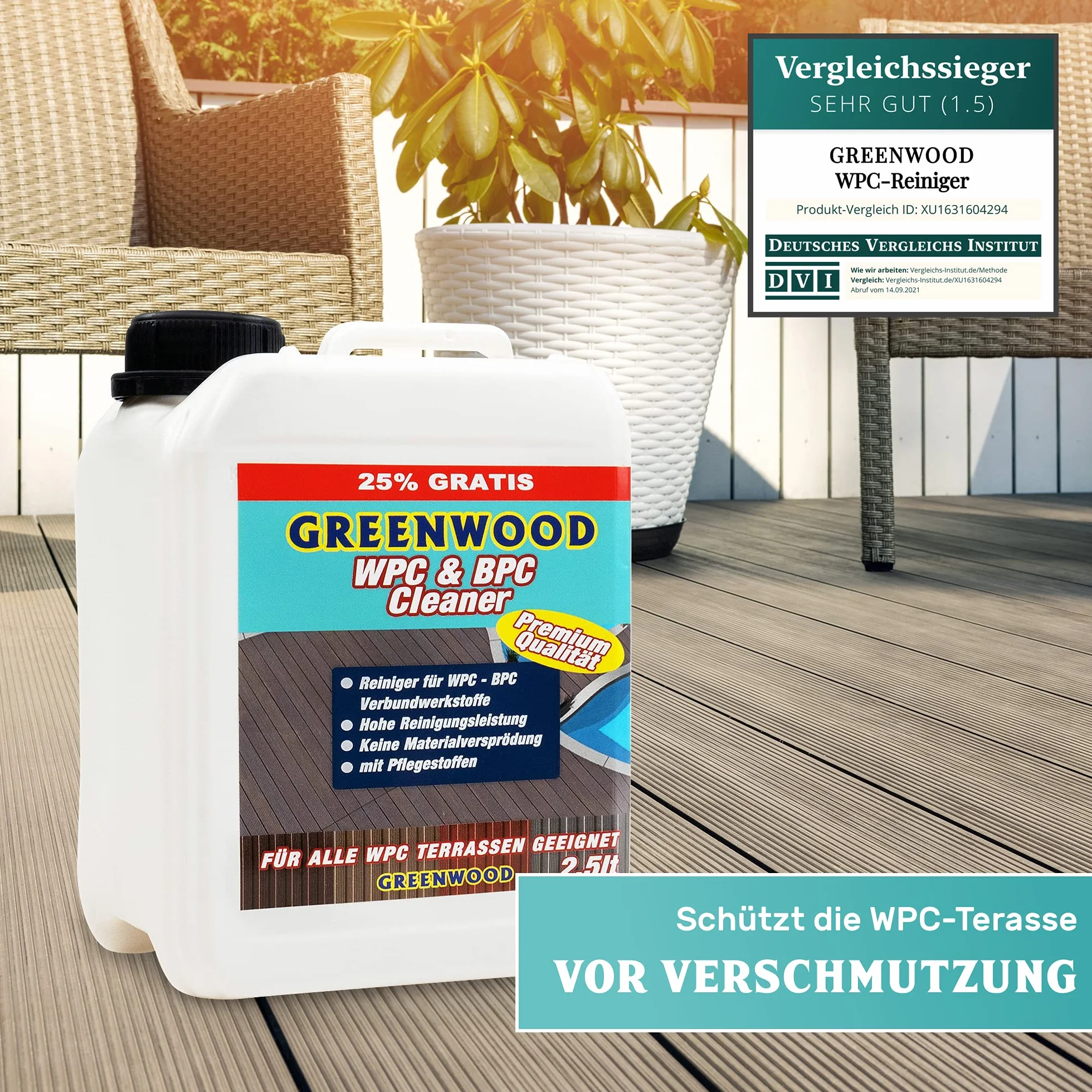 Greenwood WPC & BPC środek czyszczący do czyszczenia desek tarasowych, koncentrat do czyszczenia i pielęgnacji desek tarasowych, neutralne pH, 1 l/2,5 l (2,5 l)