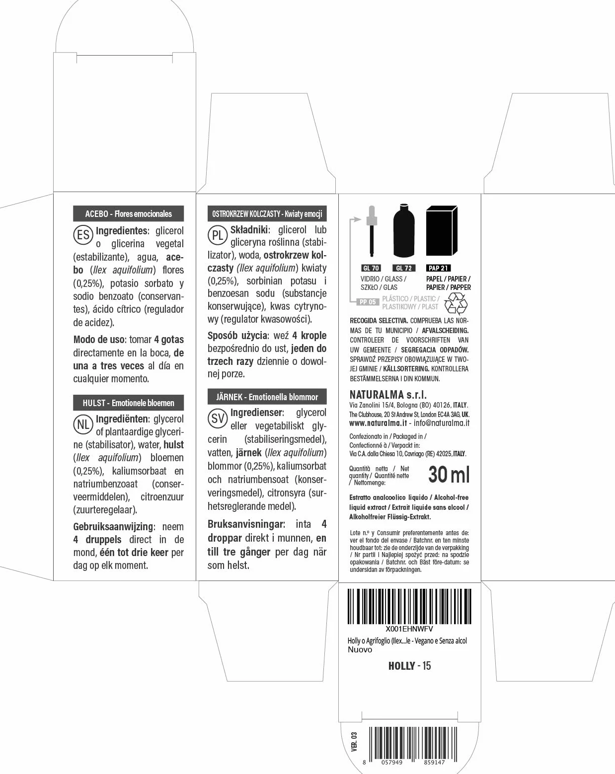 Holly lub Ostrokrzew kolczasty (Ilex aquifolium) Kwiaty emocji lub Kwiaty Bacha Naturalma - Krople 30 ml - Płynny ekstrakt bezalkoholowy - Esencje kwiatowe - Wegański