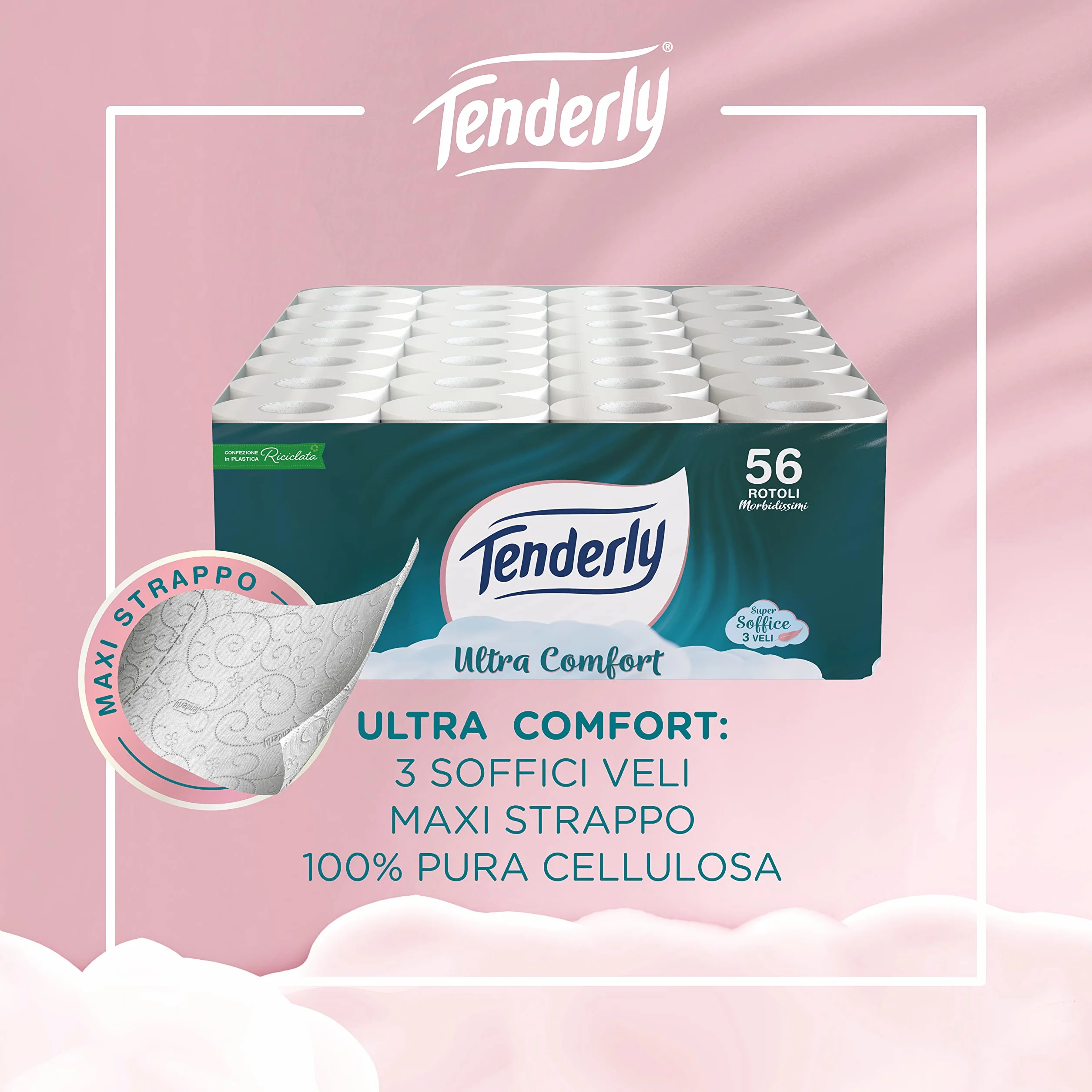 Tenderly Ultracomfort papier toaletowy 3 welony, 56 rolek papieru toaletowego bardzo miękki i czysty, sprawdzony dermatologicznie dla wrażliwej skóry, zapewnia komfort i delikatność
