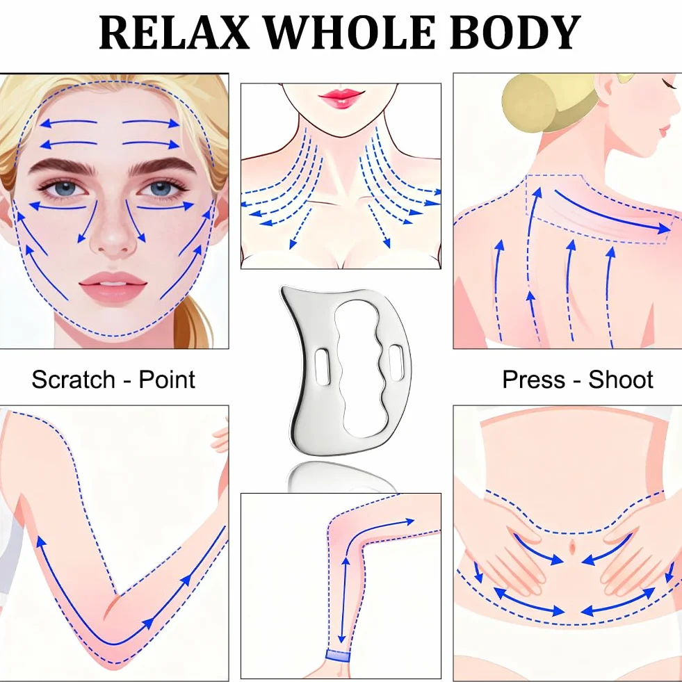 Gua Sha skrobak ze stali nierdzewnej gua sha z torbą do przechowywania, drenaż limfatyczny, masaż całego ciała, masaż cellulitu, do nóg, pleców, twarzy, karku, rozluźnienia mięśni i łagodzenia