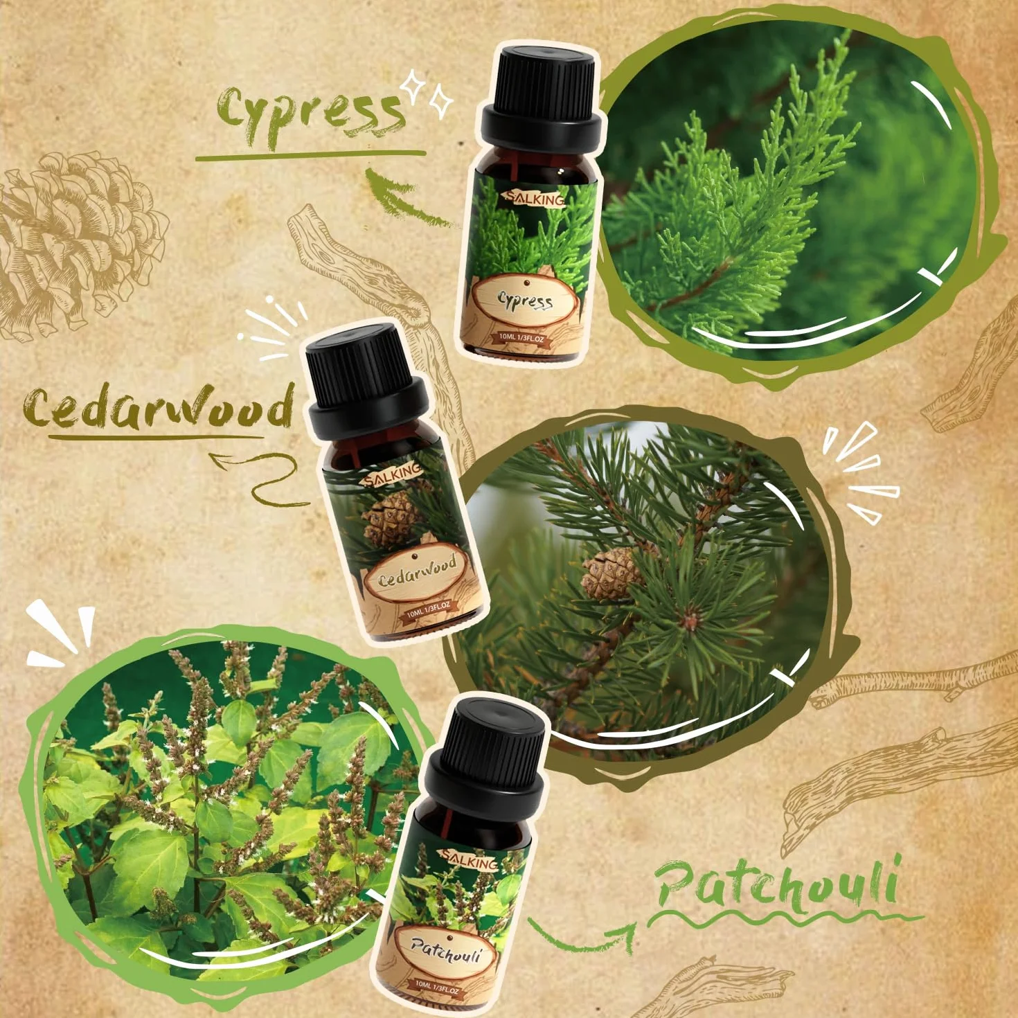 SALKING Drewniany zestaw olejków eterycznych, aromaterapii, zestaw prezentowy, naturalne olejki zapachowe do mydła dyfuzora, świec, frankincense, cedrowego, drzewa sandałowego, drewna tekowego