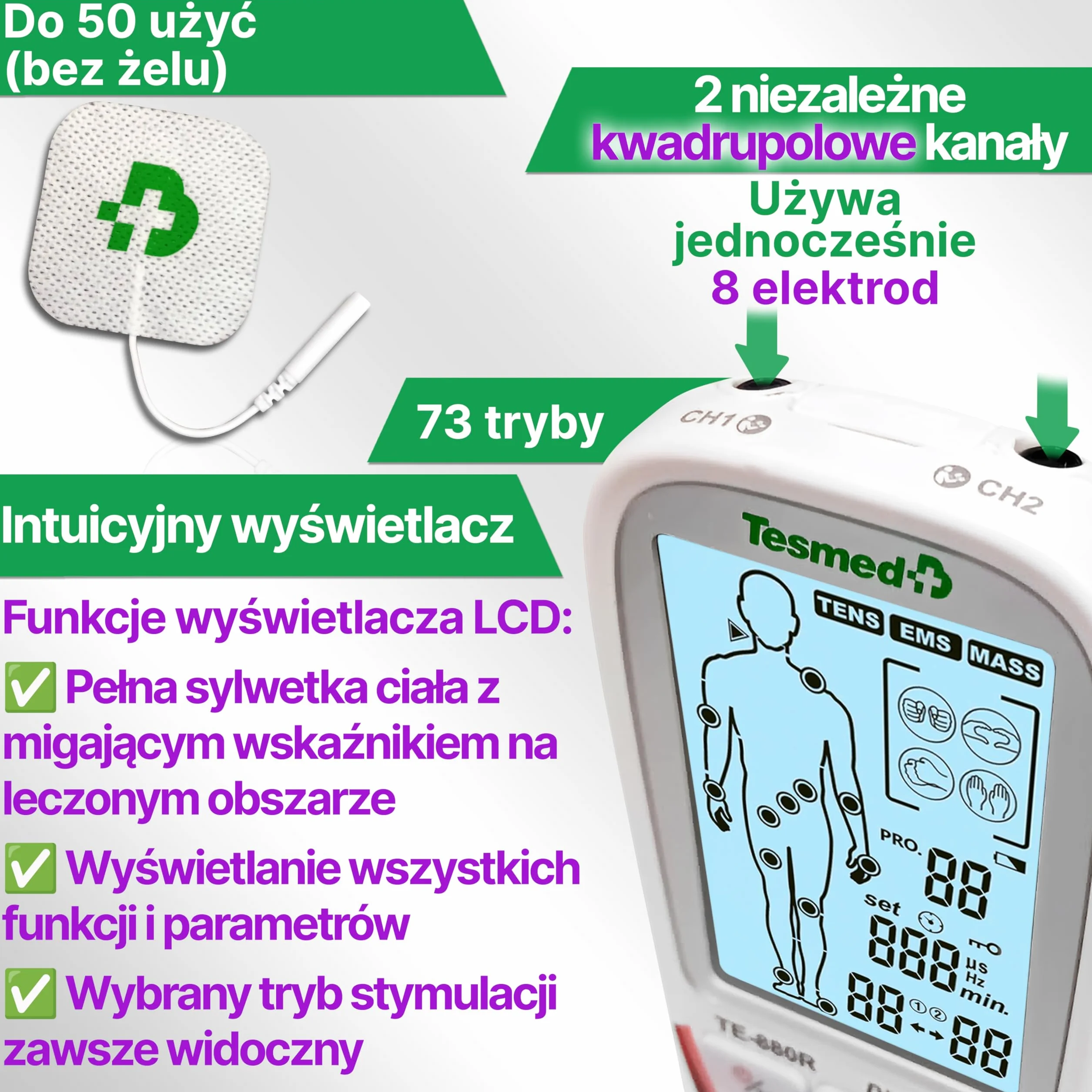 TESMED TE-880R Plus elektrostymulator mięśni do wielokrotnego ładowania, EMS, TENS, masaż: 73 programów Cui 2 konfigurowalne - działa z 8 elektrodami