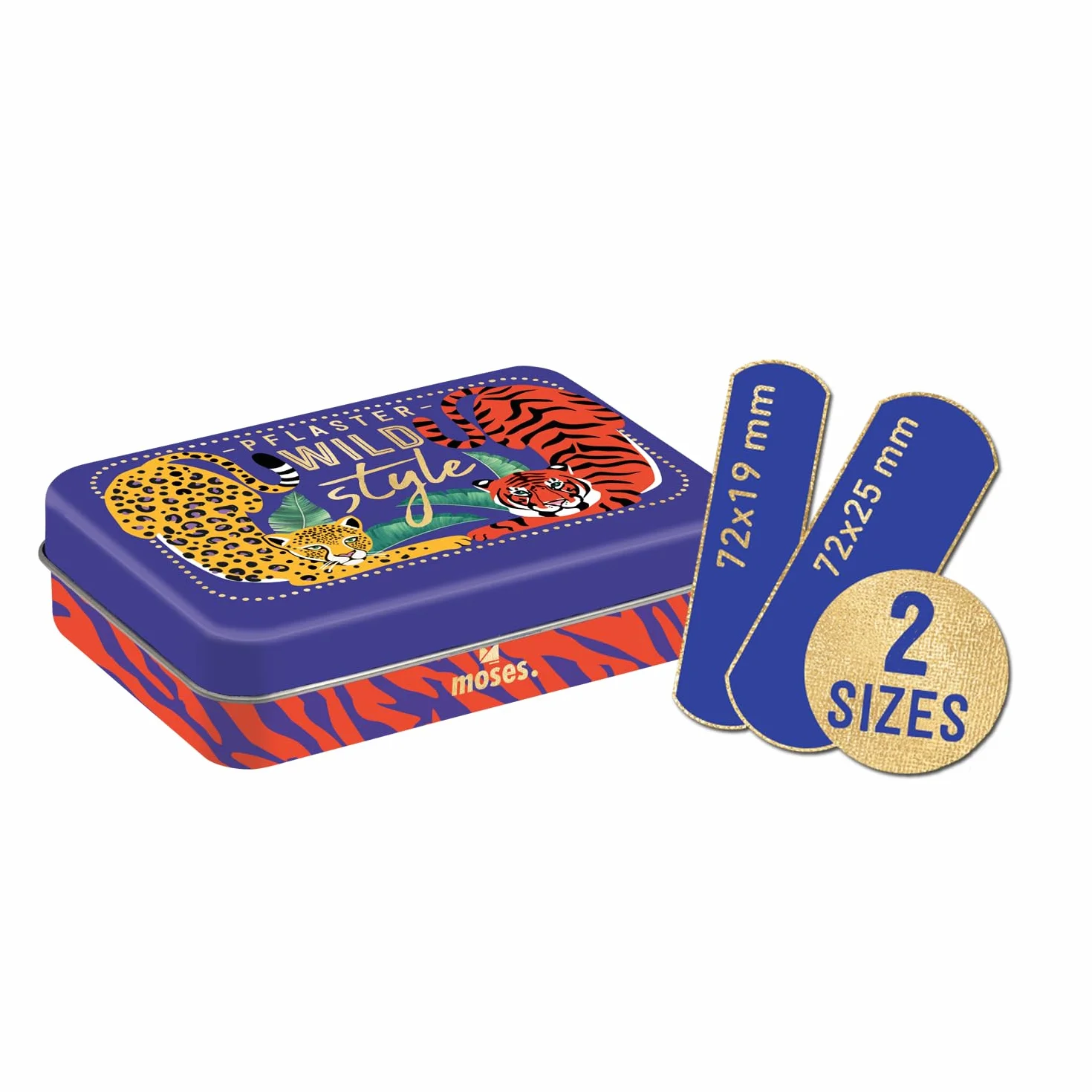 moses. Plastry Wild Style – kolorowe plastry w stylu zwierzęcym, przepuszczające powietrze i wodoodporne, 20 sztuk, w praktycznej metalowej puszce, do zastosowania w podróży i w domu