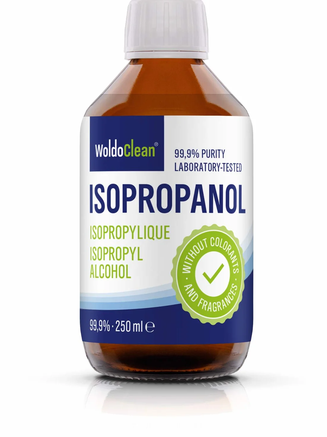 WoldoClean Isopropanol 99,9% alkohol czyszczący 250 ml butelka szklana – IPA wysokiej czystości, bezbarwny i niepozostawiający pozostałości do elektroniki, drukarek 3D, gospodarstwa domowego i prac rę