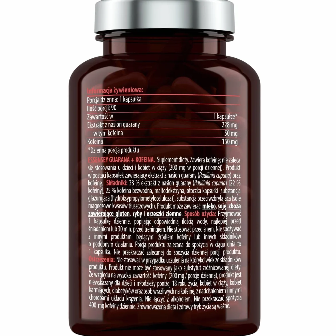 ESSENSEY - Ekstrakt z Guarany 228g I Kofeina 200 mg I 90 Kapsułek I Dla wegetarian I 90 dziennych porcji I Łatwe do połknięcia