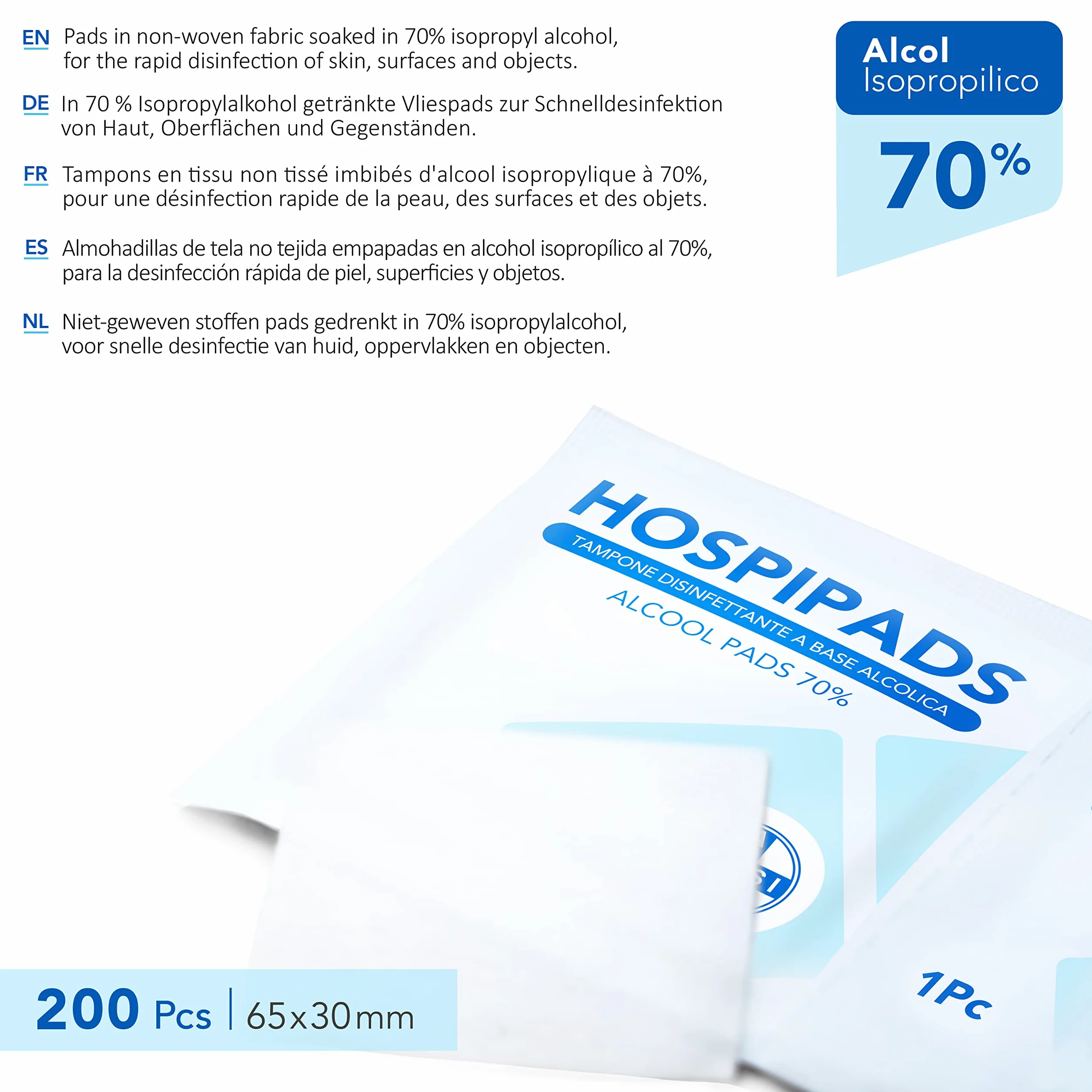 Chusteczki dezynfekcyjne 70% alkohol izopropylowy 65x30 mm 2x100 sztuk AIESI® HOSPIPADS