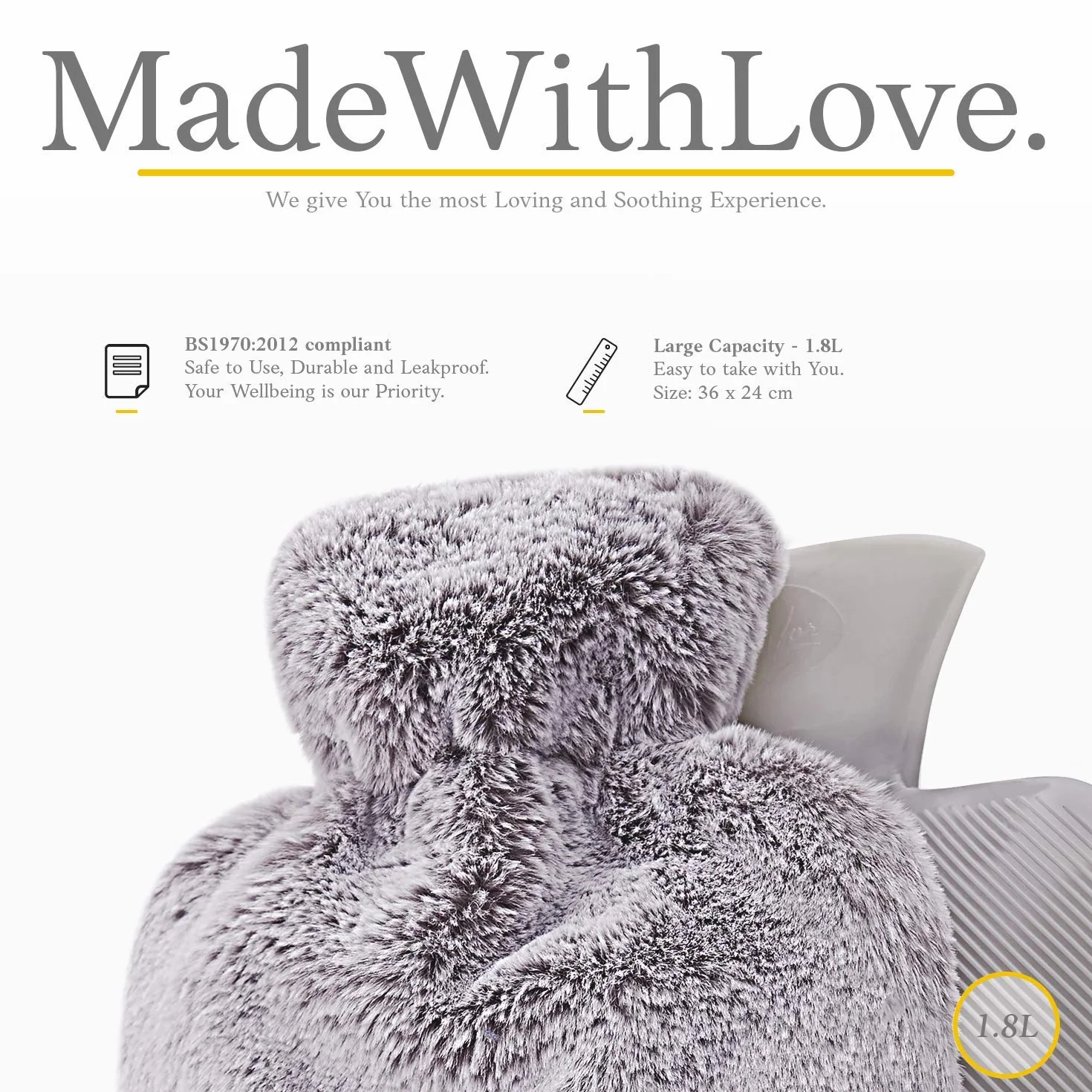 Hot Water Bottle / Termofor - with Soft Premium Fleece Cover - Light Grey, 2L - Heating Pad for Menstrual Cramps and Period Comfort - Hot and Cold Compress
