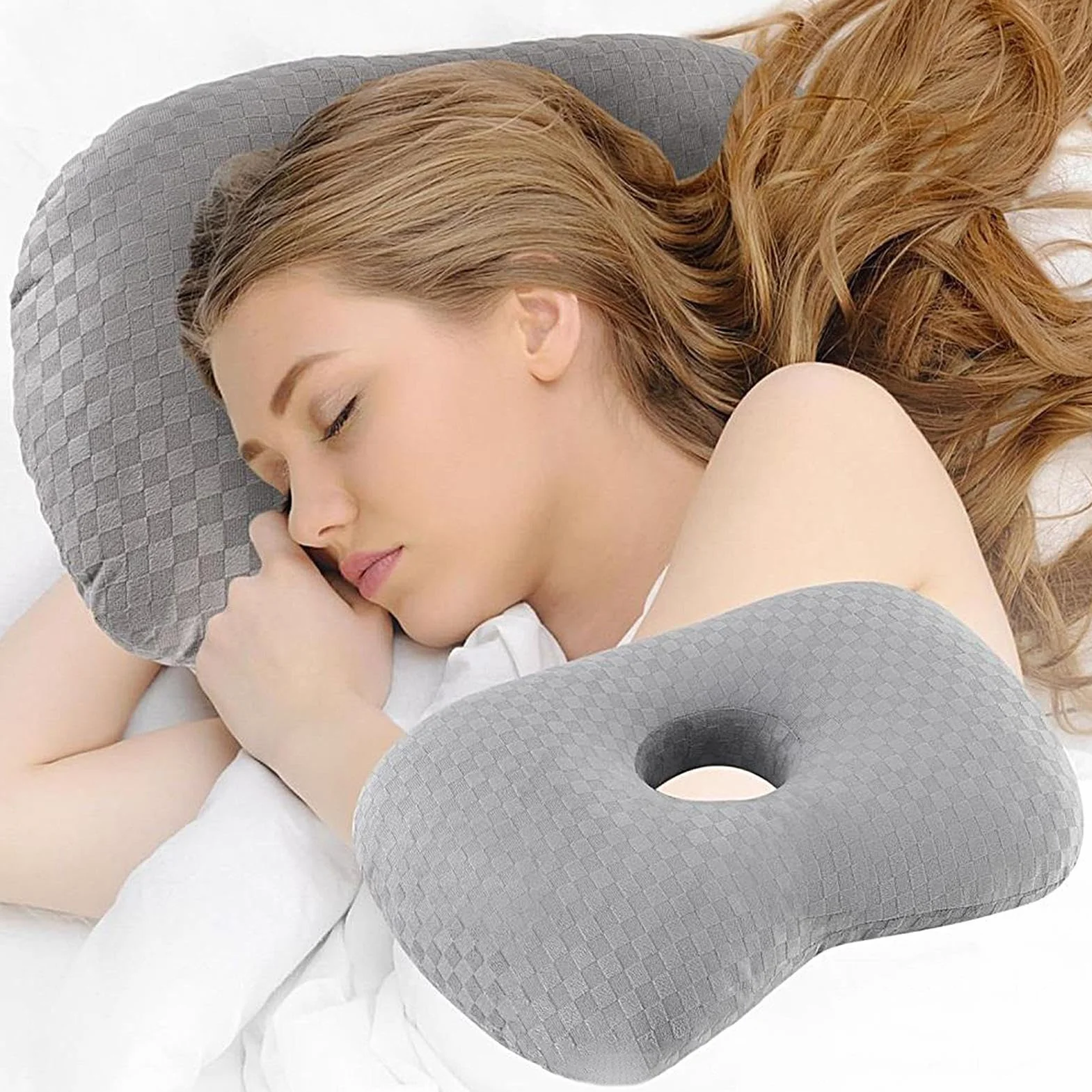 Ergonomic Donut Pillow with Ear Holes 17.32x12.6x0.79in Gray for Travel Office Car