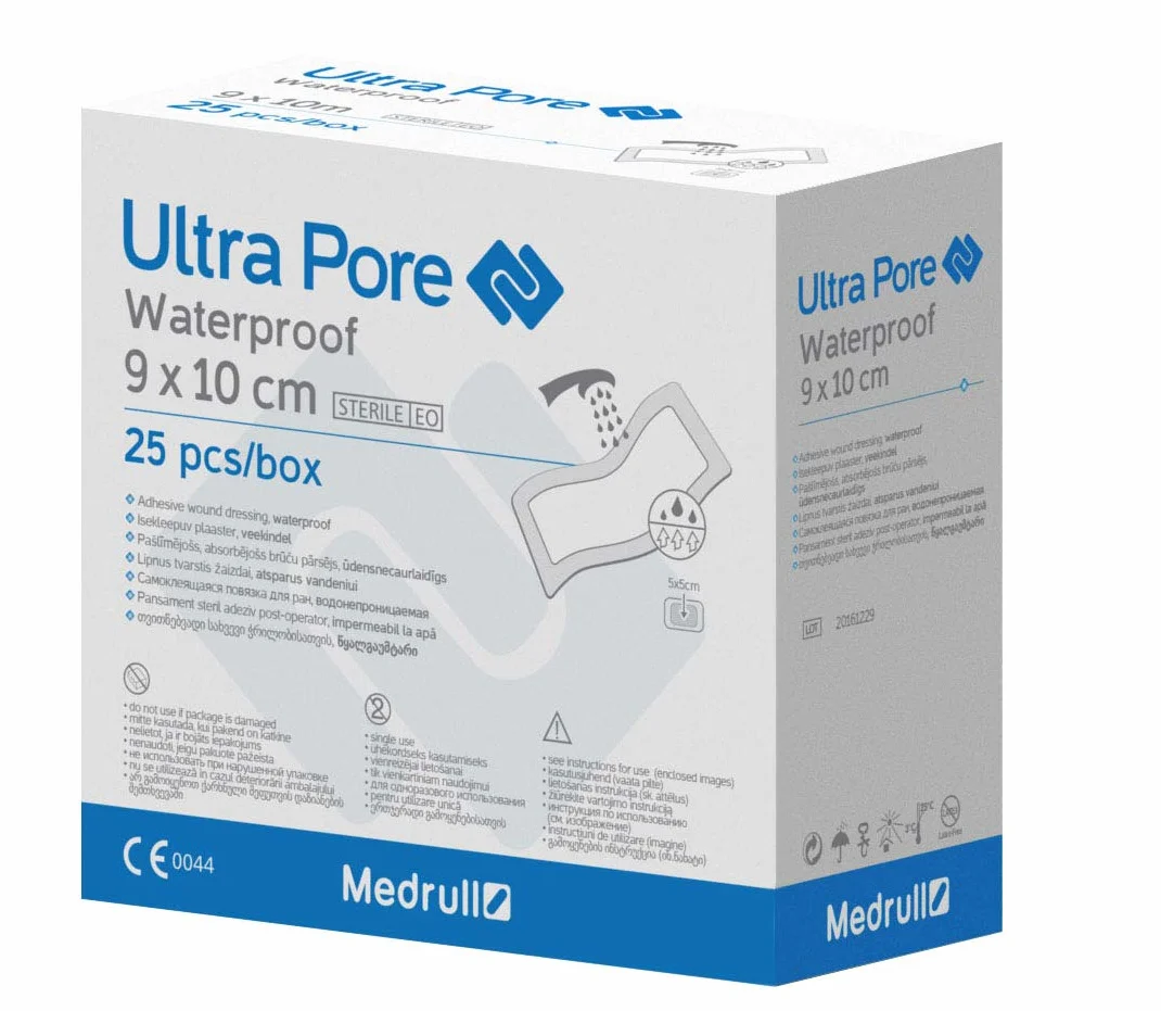 Medrull Wodoodporne plastry na rany, 9 x 10 cm, ULTRA PORE wodoodporne, sterylne, przezroczyste, mocne trzymanie – chroni przed skaleczeniami i zadrapaniami – idealne do prysznica, uprawiania sportu,