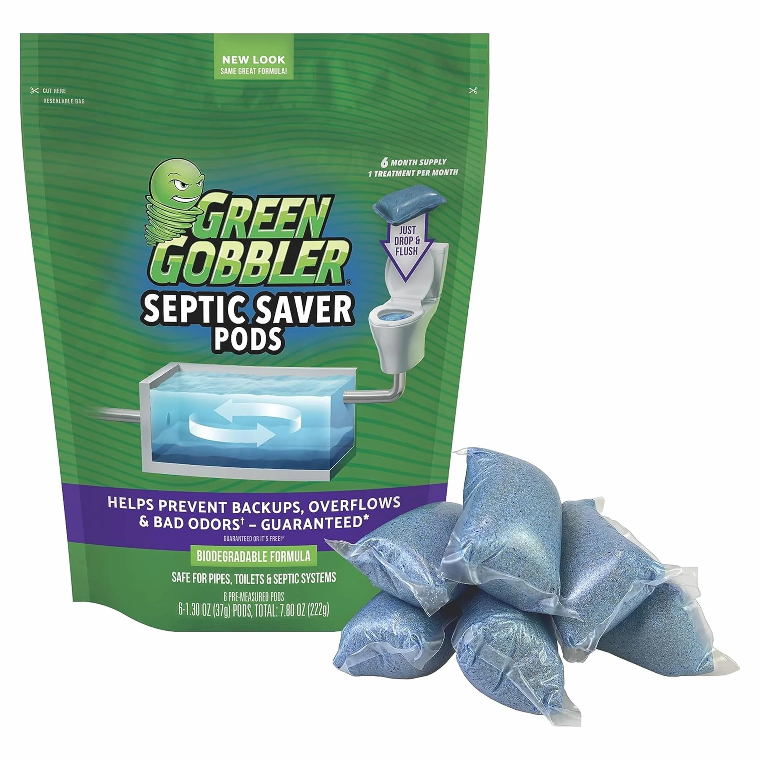 Green Gobbler Septic Saver Pods 6 kapsułek 222g środek do oczyszczania szamba enzymy bakteryjne