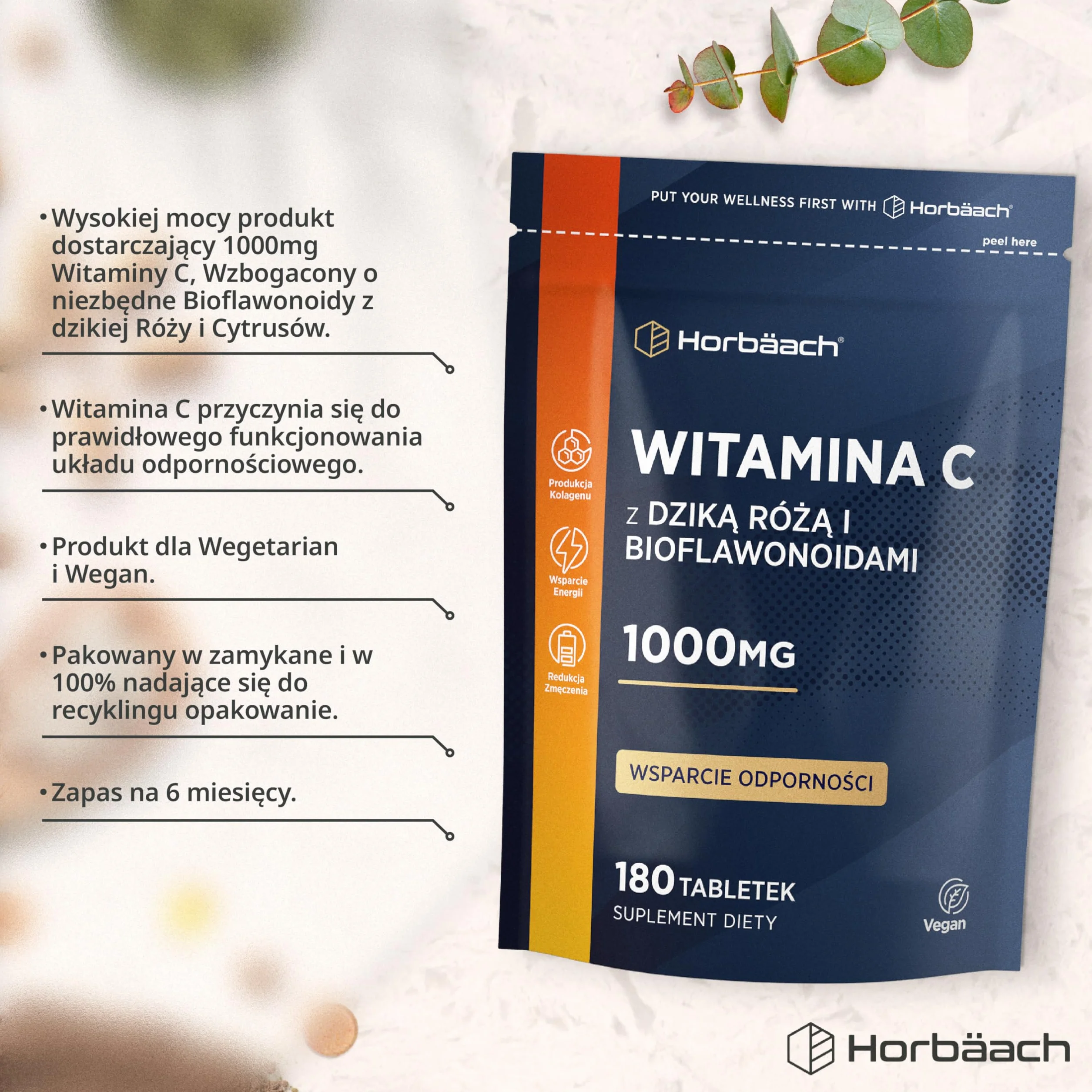 Witamina C 1000mg z Dziką Różą i Bioflawonoidami | Wysoka Dawka | 180 Tabletek - 6 Miesięcy Suplementacji | Suplement Wegański | marki Horbaach