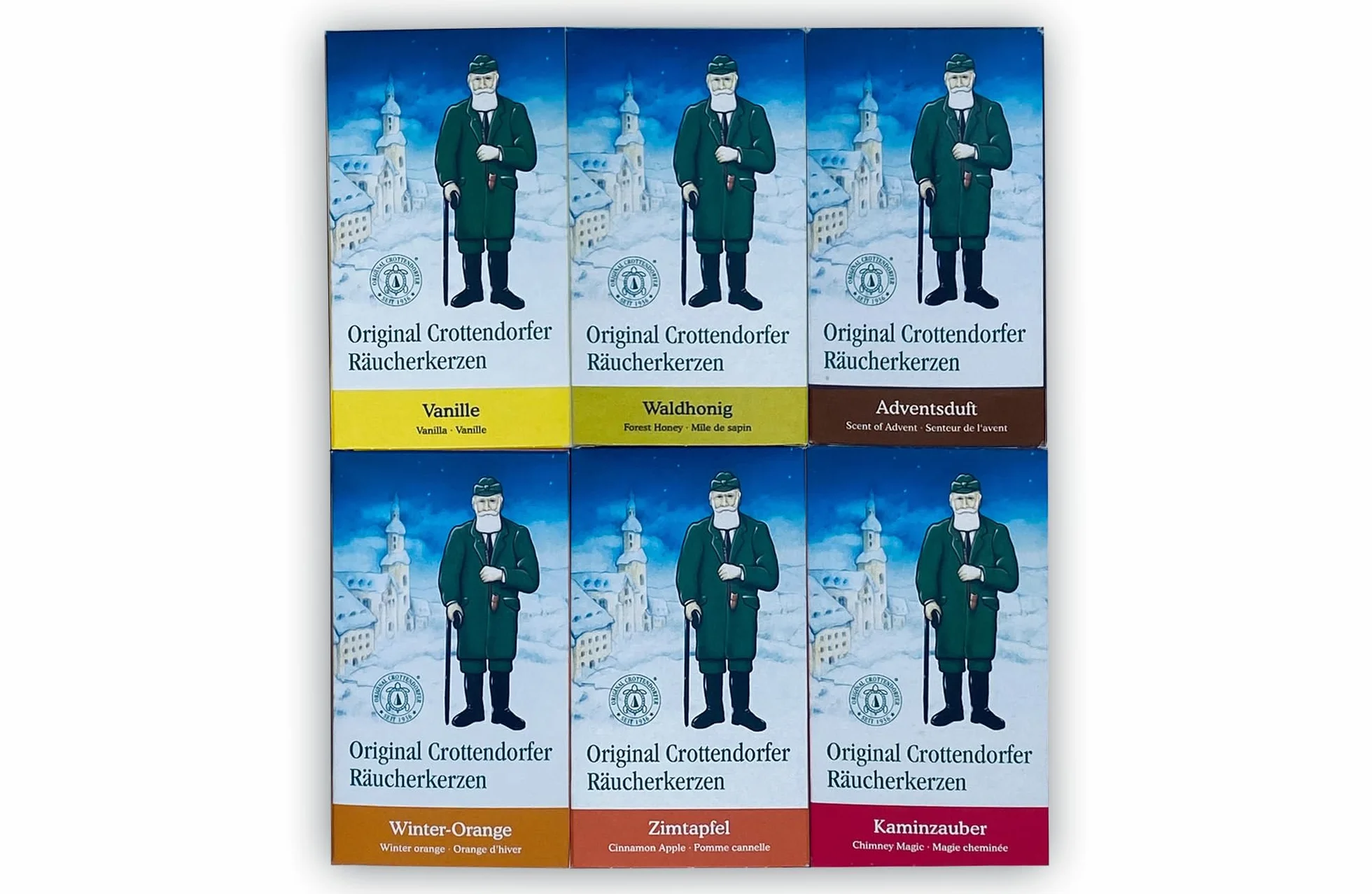 Crottendorfer Räucherkerzen Zestaw 6 sztuk - s?odkie zapachy - wanilia, miód le?ny, zapach adwentowy, pomara?cza zimowa, jab?ko cynamonowe, magia kominka (6 x 24 sztuki)
