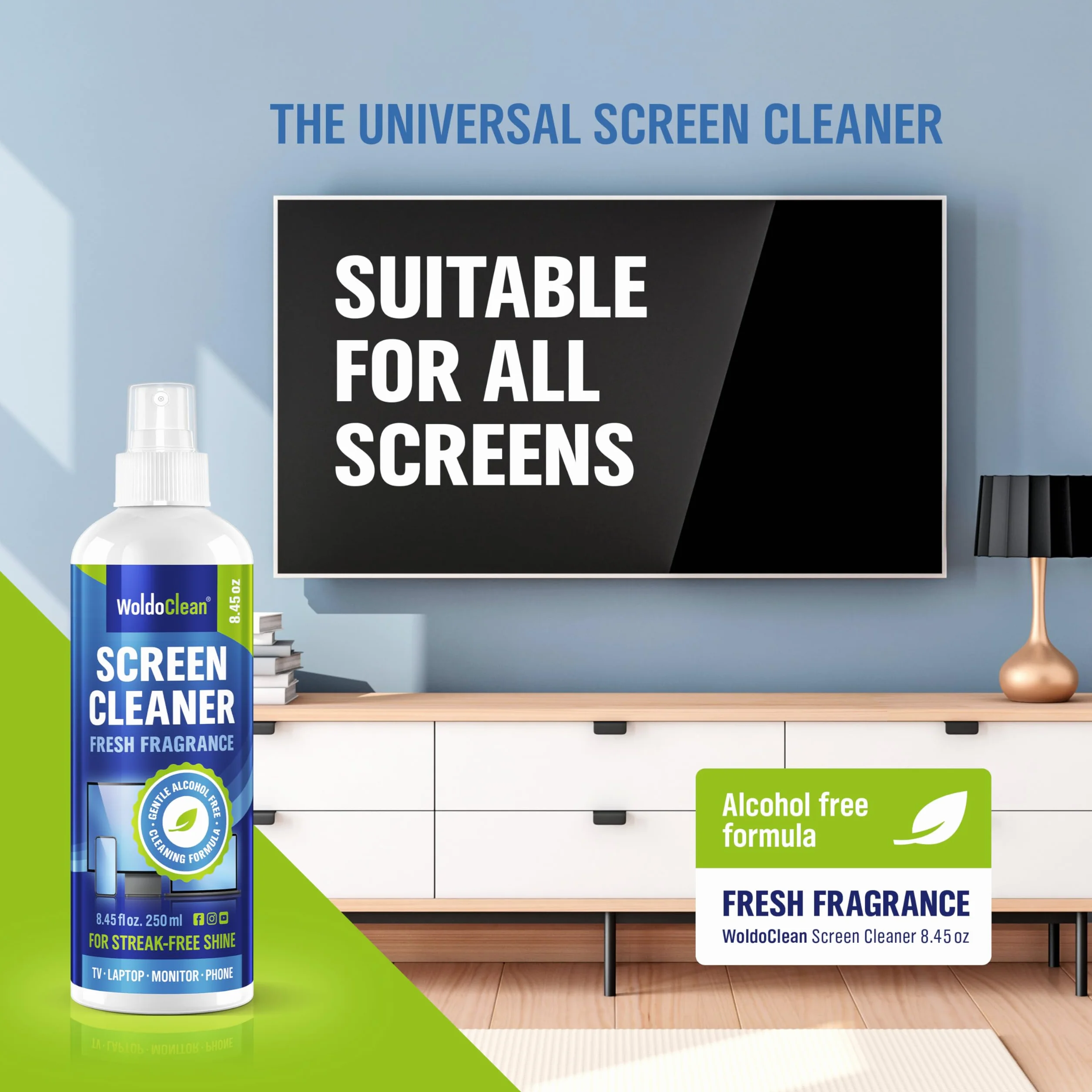 WoldoClean Czyścik do ekranów & spray do wyświetlaczy 250 ml – antystatyczny środek czyszczący do TV, monitora, laptopa, telewizora, smartfona i ekranów dotykowych w samochodzie