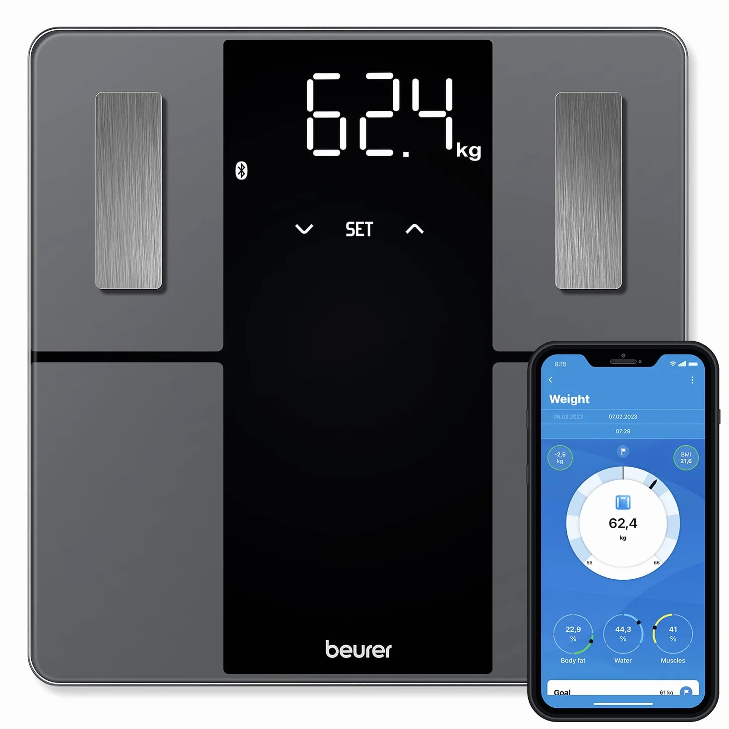 Beurer BF 500 cyfrowa waga łazienkowa Bluetooth pomiar tkanki tłuszczowej mięśni kalorii Apple Health