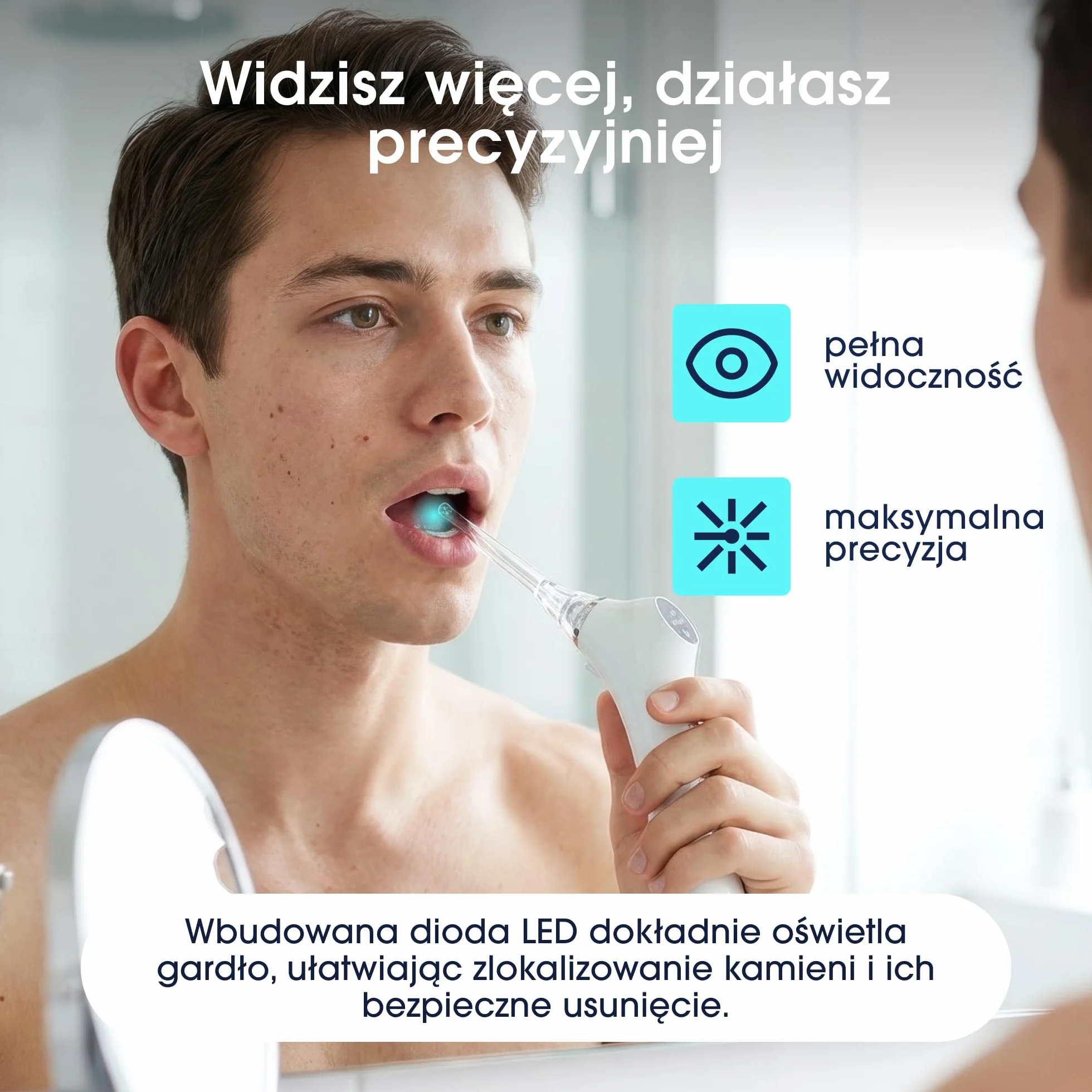 ZENT TonsilCare Urządzenie do usuwania czopków kamieni migdałkowych, Czyszczenie śluzu z gardła, Bezprzewodowe, 3 Poziomy mocy, 3 Silikonowe końcówki, Podświetlenie LED, Ciche działanie