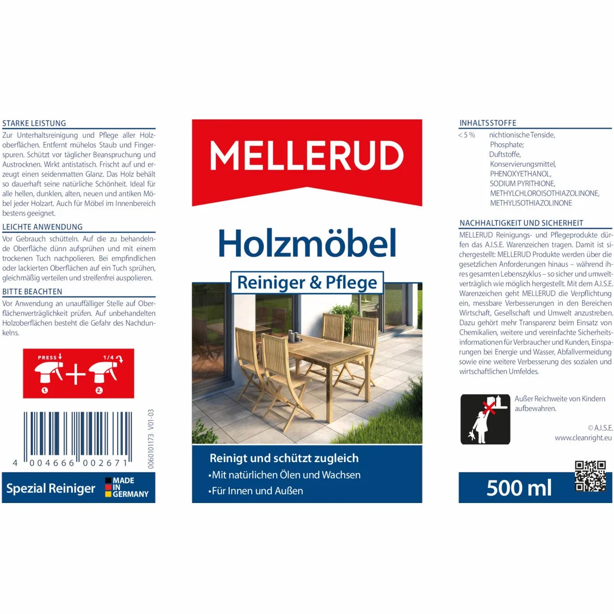 MELLERUD Środek do czyszczenia i pielęgnacji mebli drewnianych | 1 x 0,5 l | silny środek przeciwko zabrudzeniom na mniejszych powierzchniach drewnianych wewnątrz i na zewnątrz