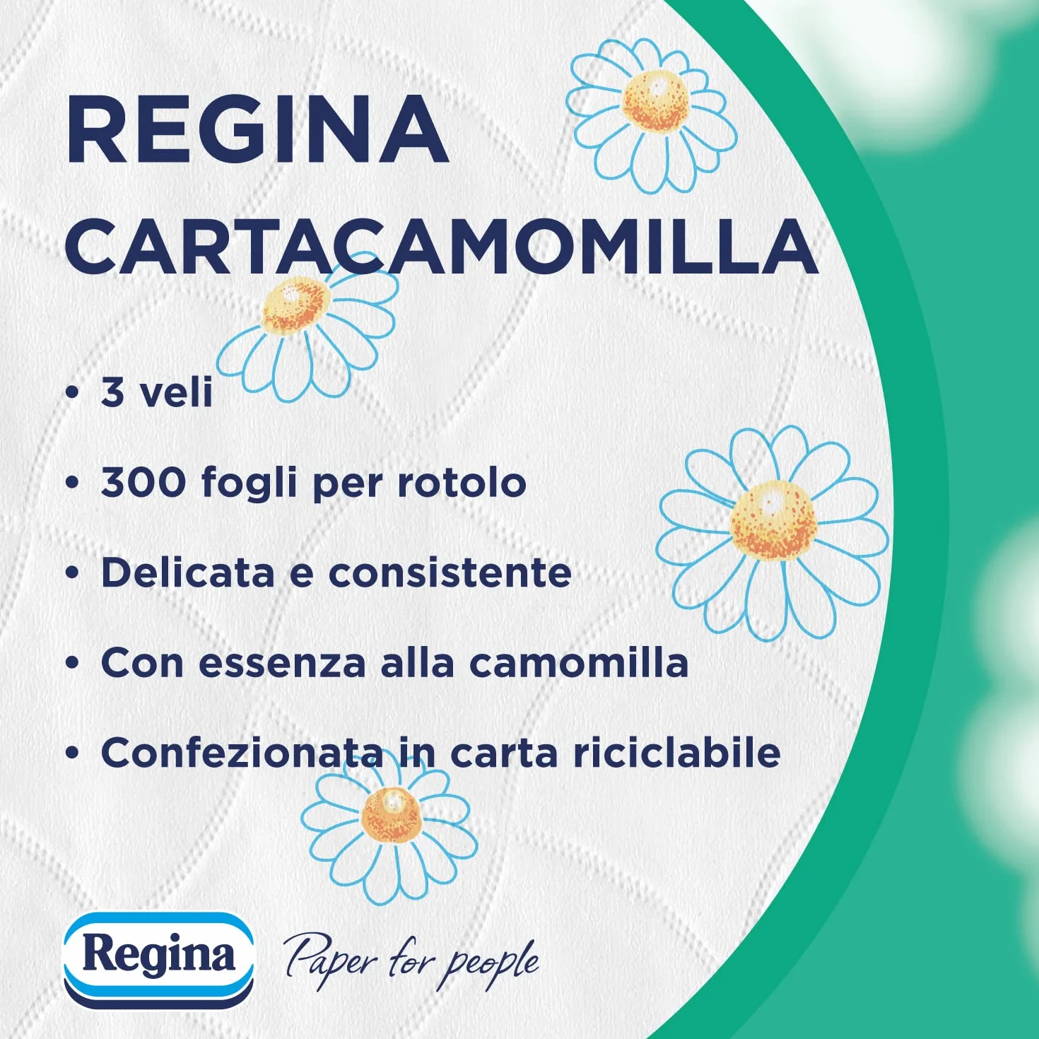 Regina Cartacamomilla 8 rolek papieru toaletowego, 300 puszystych liści, 3-warstwowe, delikatne i spójne, opakowanie z papieru nadającego się do recyklingu