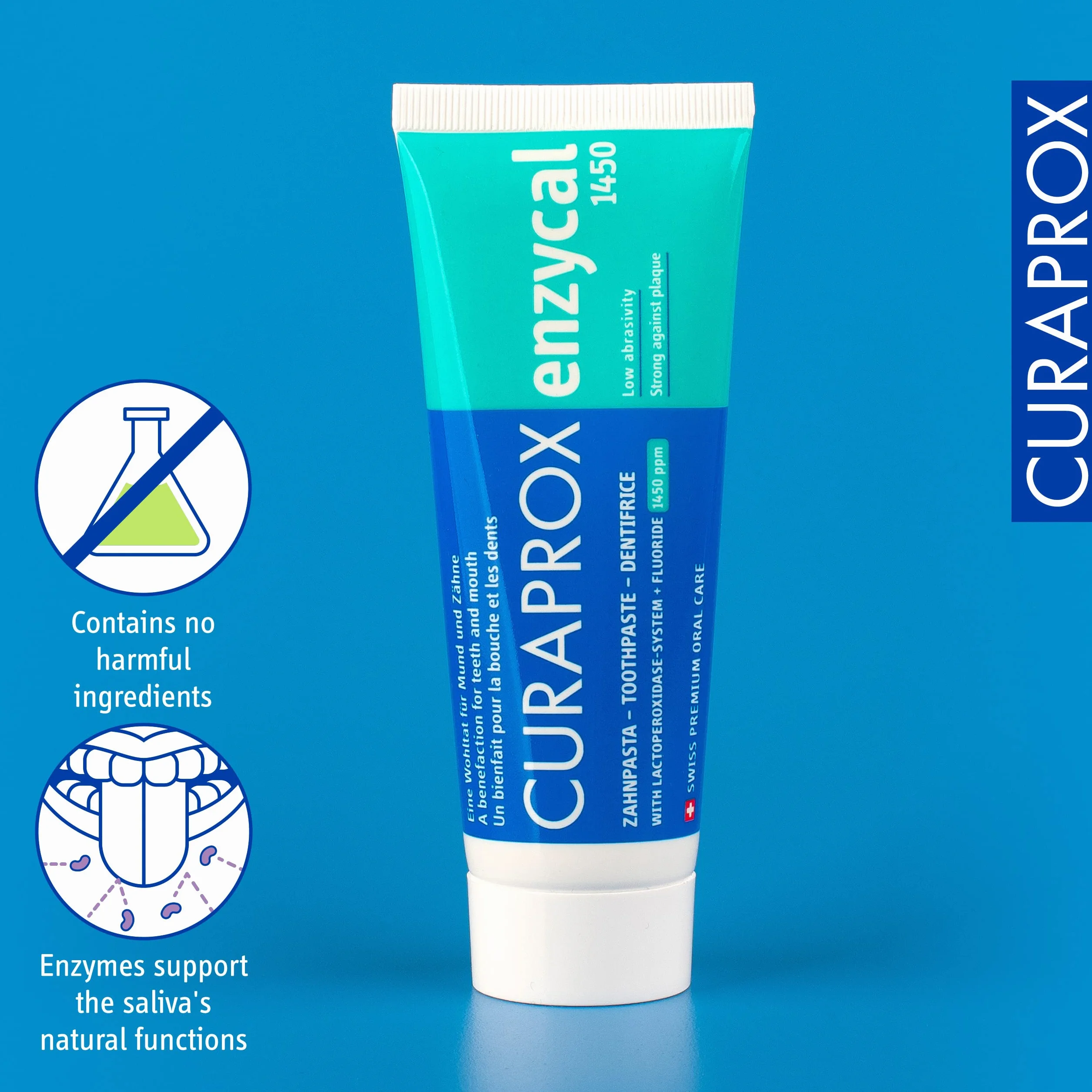 Curaprox Pasta do zębów Enzycal 1450 – Pasta do zębów z fluorem i enzymami do codziennej pielęgnacji jamy ustnej | Wspiera ochronę przed próchnicą | Bez SLS, 75 ml | Wyprodukowano w Szwajcarii