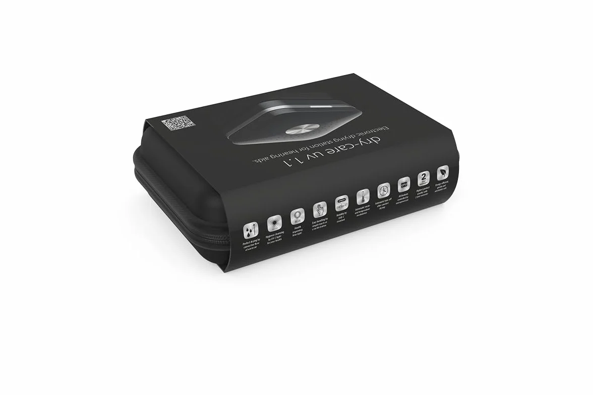 Suszarka do Aparatów Słuchowych flow-med dry-care UV 1.1 UV-C Automatyczne Dostosowanie Temperatury Antybakteryjna USB-C Czarny