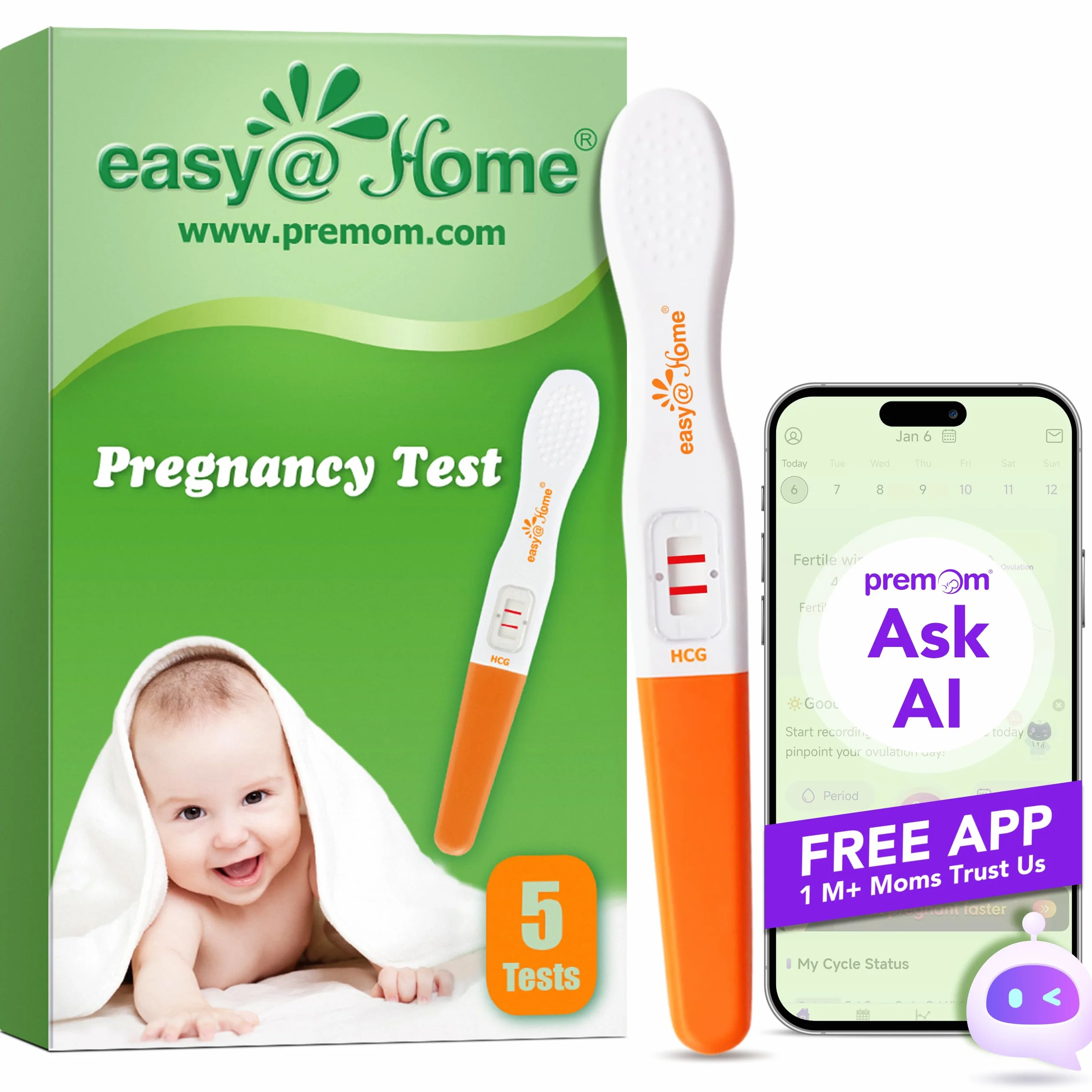 Testy ciążowe HCG: Testy wczesnej ciąży Easy@Home 5 HCG 10mIU/mL Dokładne wyniki 5-pak testów HCG Midstream Integracja z aplikacją Premom