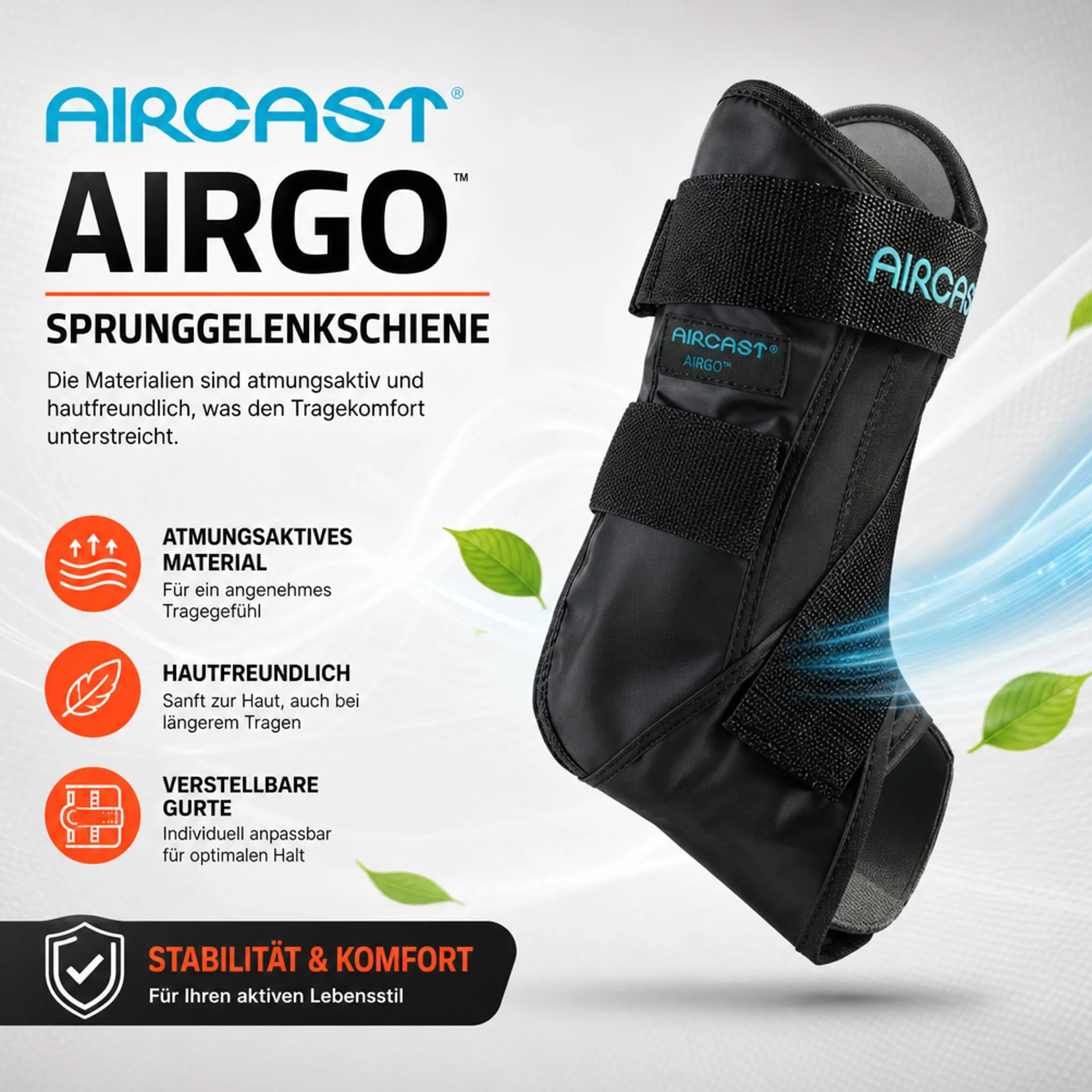 Aircast AirGo szyna do stawu skokowego w różnych rozmiarach, dla lewej lub prawej strony – 1 sztuka – najwyższy komfort i optymalna stabilność dla szybkiego powrotu do zdrowia i aktywnego ruchu (rozmiar M, lewa)