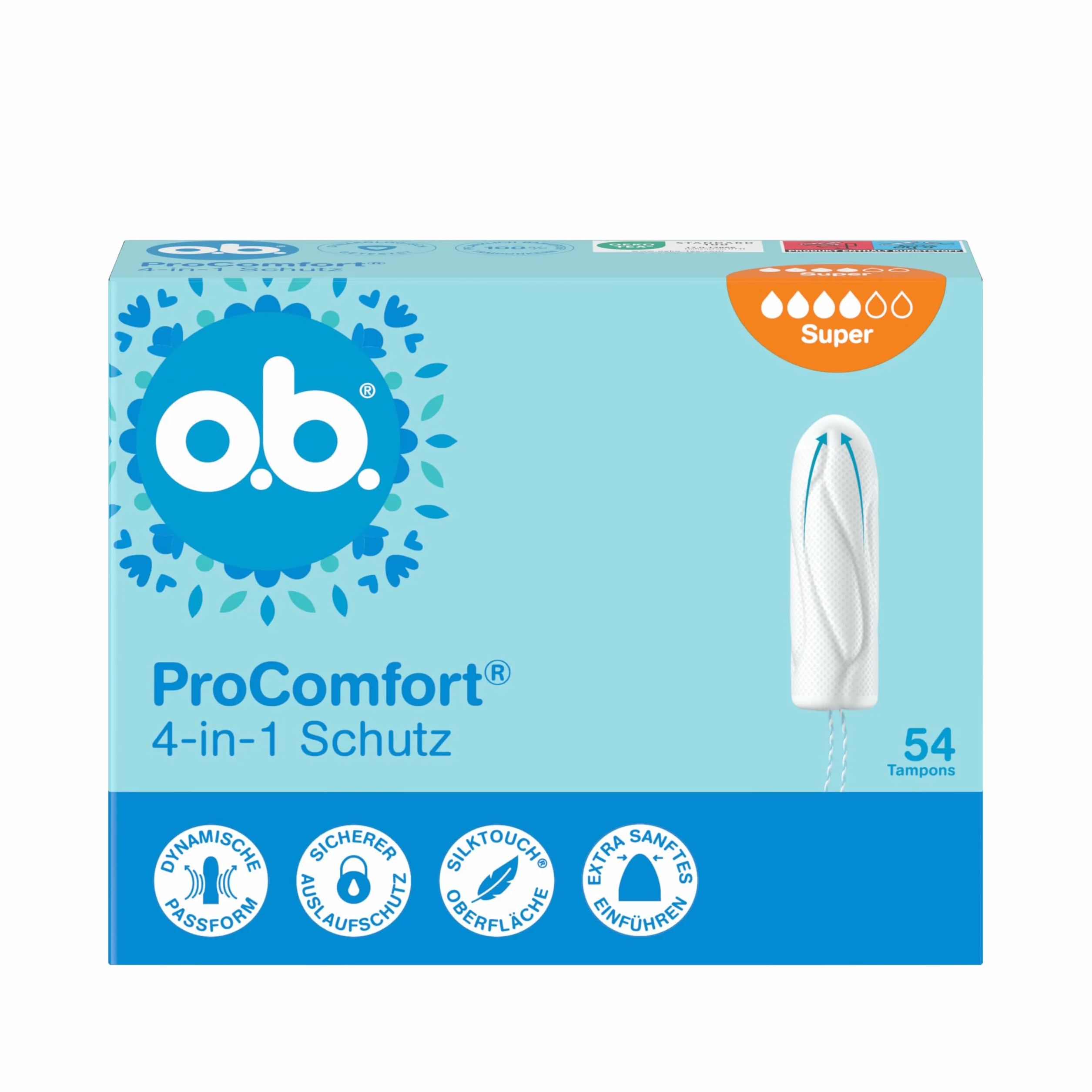 o.b. ProComfort super tampony 4 w 1 (1 x 54 szt.) z bardzo delikatną końcówką do łatwego wkładania i do 100% ochrony przed wyciekiem, idealne do uprawiania sportu i na co dzień