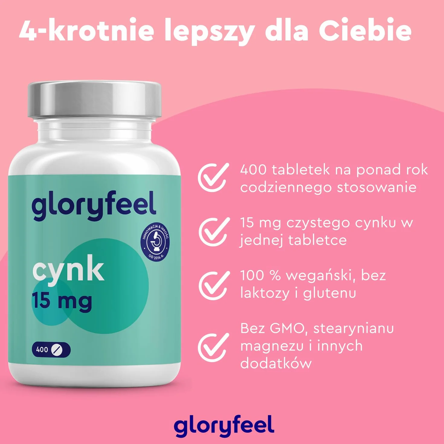 Cynk - 400 tabletek (13 miesięcy) - Optymalne dawkowanie - Wysoko przyswajalny glukonian cynku - Czysty cynk 100% wegański, testowany laboratoryjnie - Wyprodukowany w Niemczech bez dodatków