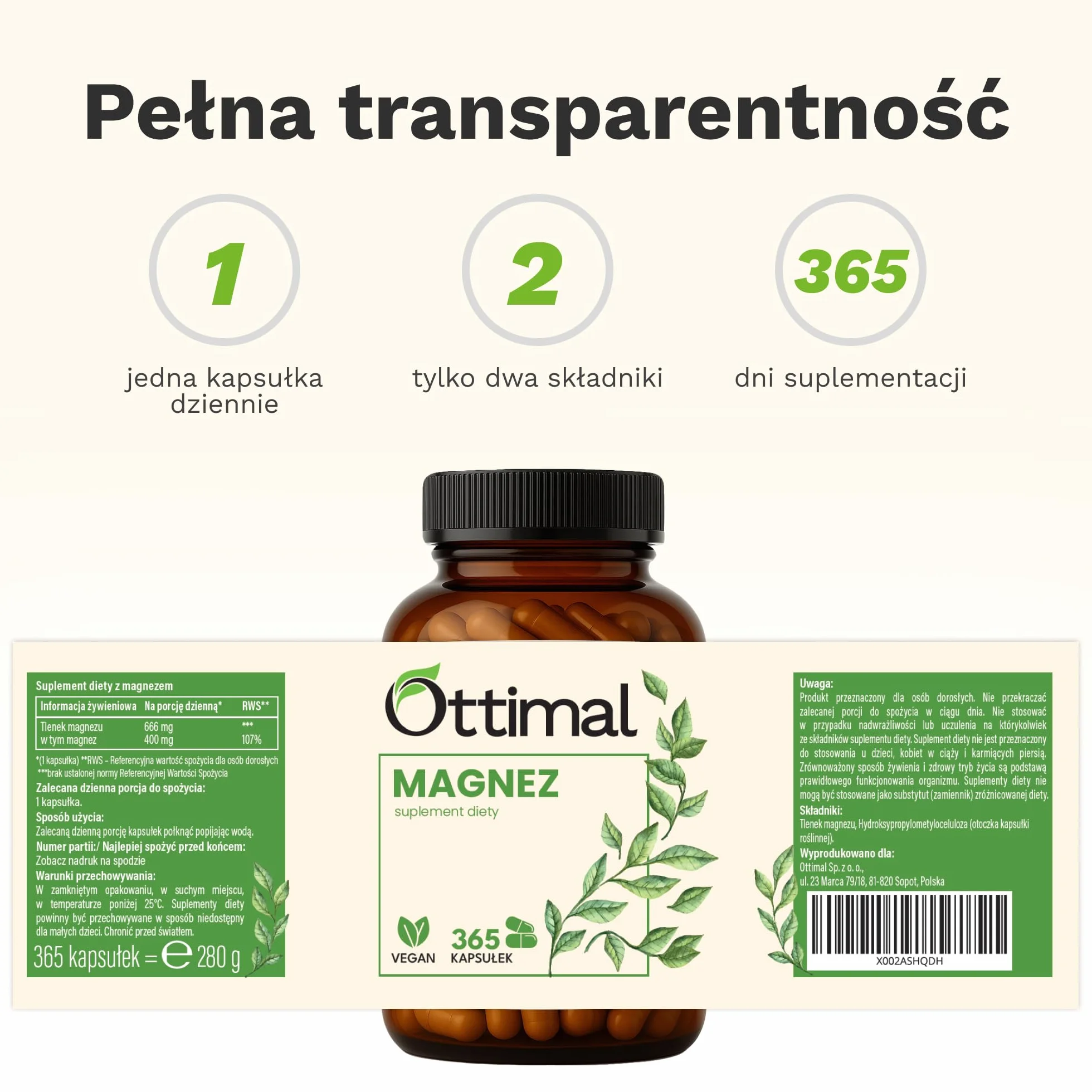 (107% RWS) Magnez 400 mg - 365 wegańskich kapsułek (roczny zapas) - łatwe do przełknięcia - dzienne zapotrzebowanie w 1 kapsułce - 666 mg, w tym 400 mg magnezu elementarnego