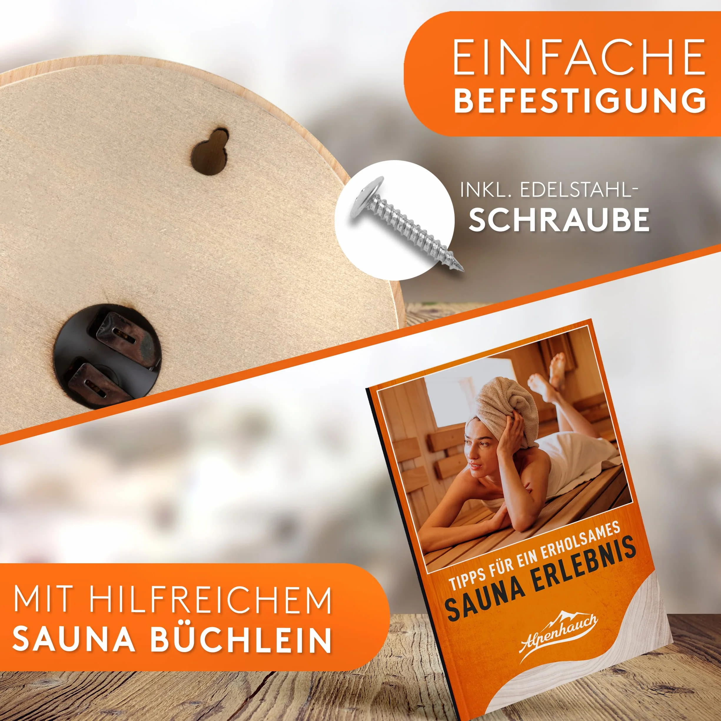 ALPENHAUCH Termometr do sauny, higrometr z drewna, funkcja 2 w 1, wyjątkowo precyzyjny termometr do sauny z hartowanego szkła, automatyczna kalibracja, eleganckie akcesoria do sauny, higrometr,