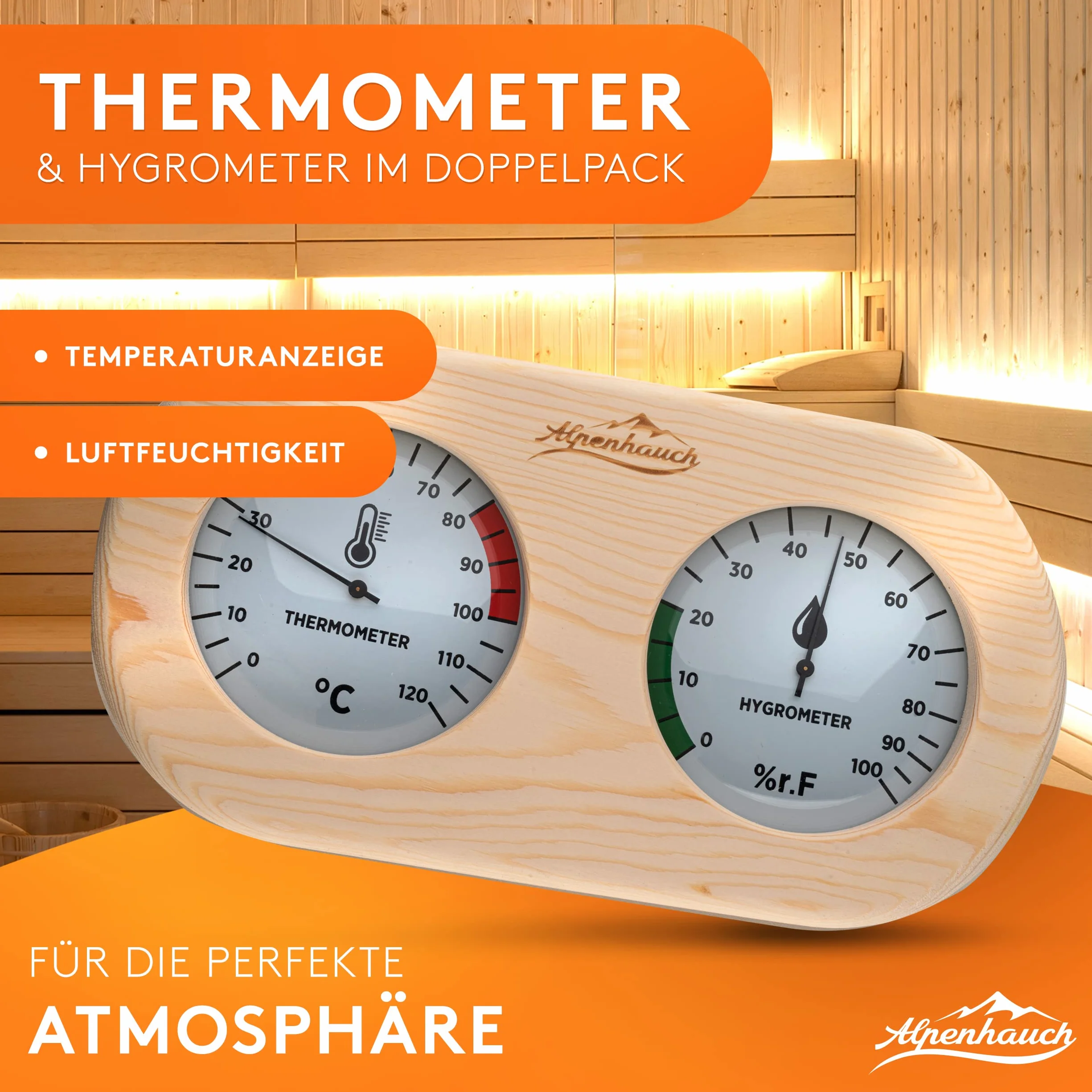 ALPENHAUCH Termometr Hygrometer do Sauny Drewno 2w1 z Hartowanym Szkłem Automatyczna Kalibracja