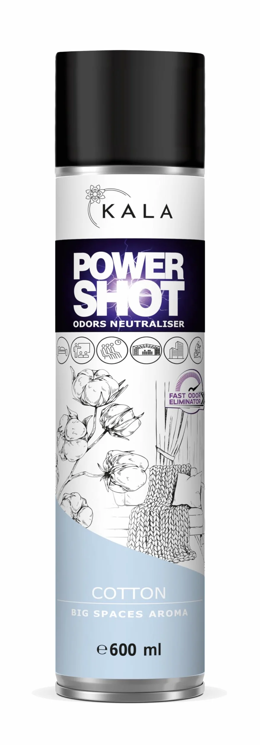 KALA - błyskawiczny neutralizator zapachów POWER SHOT, aromatyzer, odświeżacz powietrza do dużych przestrzeni - Cotton, 600 ml