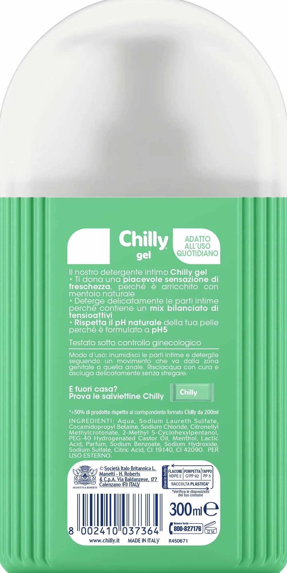 Chilly, Żelowy środek do czyszczenia bielizny, środek do czyszczenia higieny z naturalnym mentolem - naturalna świeżość - do codziennego użytku - testowana klinicznie, pH 5 - butelka 300 ml