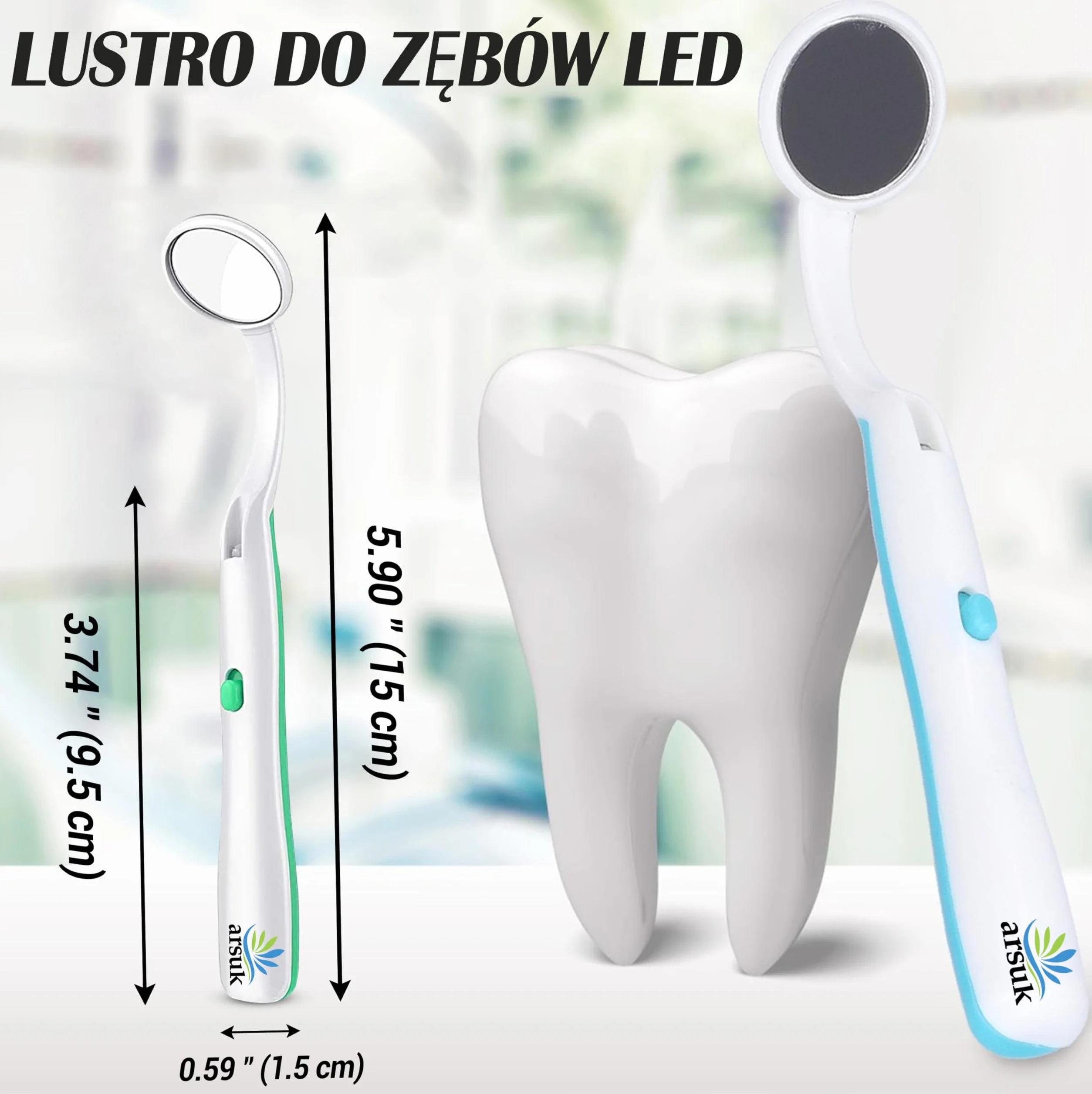 ARSUK Lusterko dentystyczne ze światłem przeciwmgielnym, lusterko dentystyczne LED do kontroli zębów, pielęgnacja jamy ustnej, 5,90 cala (15 cm) niebiesko-zielone opakowanie 2 szt.