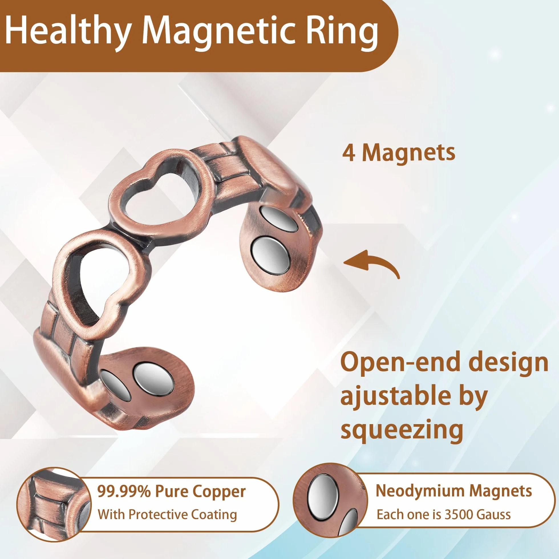 YINOX Super mocny magnetyczny pierścionek miedziany dla kobiet, miłosny pierścionek symbolizujący miłość, łącznie z 4 magnesami NdFeB i wysokiej jakości pudełkiem na prezent (6,5 cm)