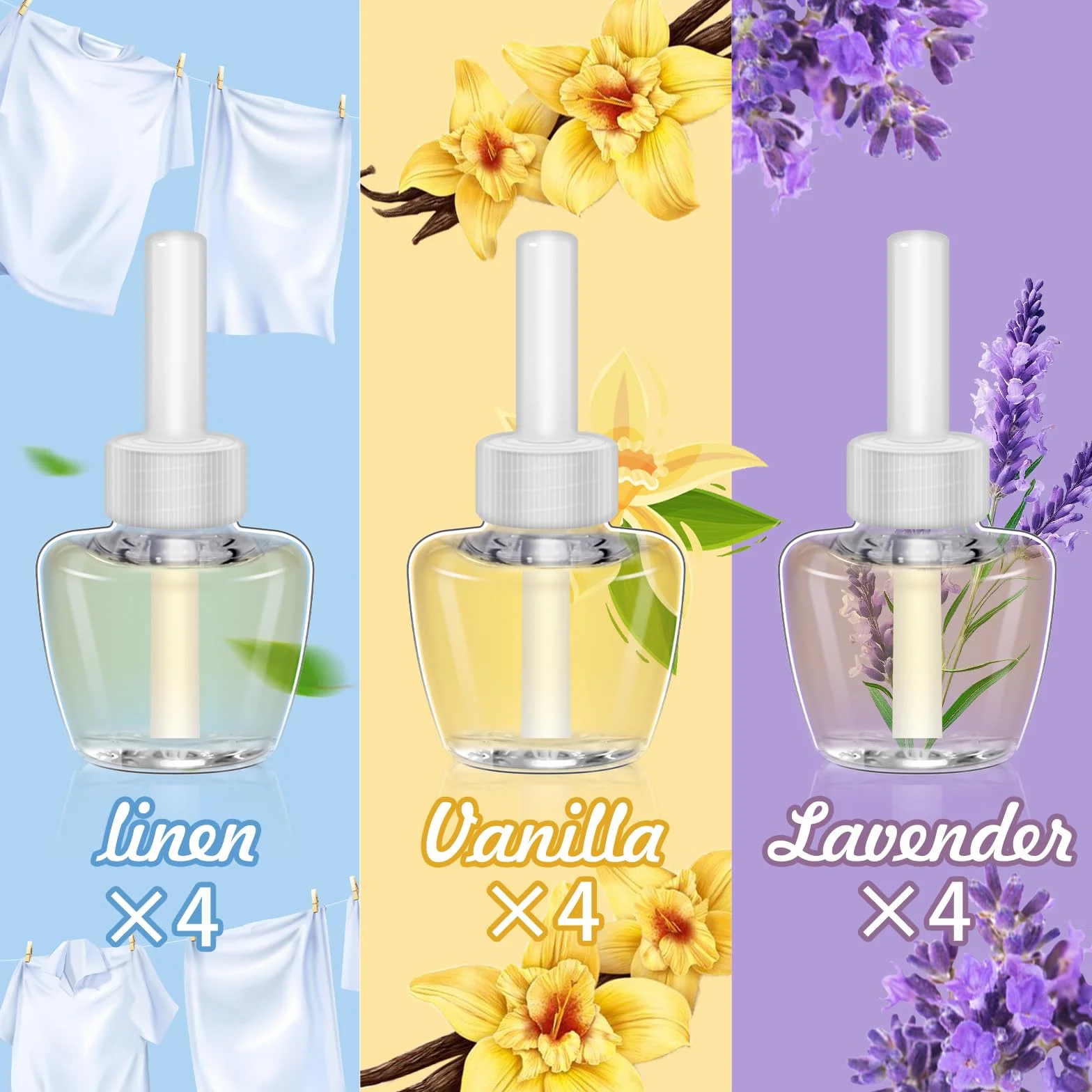 SCENTORINI Wkład z olejkiem zapachowym, kompatybilny z wtyczkami zapachowymi Air Wick i Glade, 12 x 19 ml, lawendowy, len, wanilia, odświeżacz powietrza do pomieszczeń, olejek zapachowy