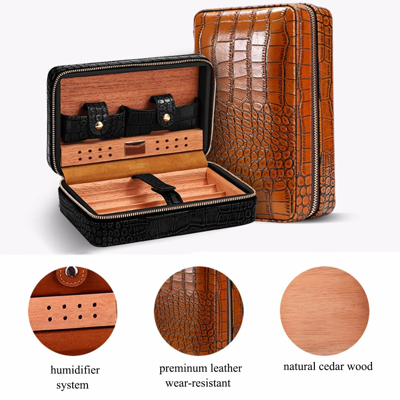 Cigar Humidor Box for 4 Cigars Cedar Wood Lined Leather Travel Case with Humidifier Brown