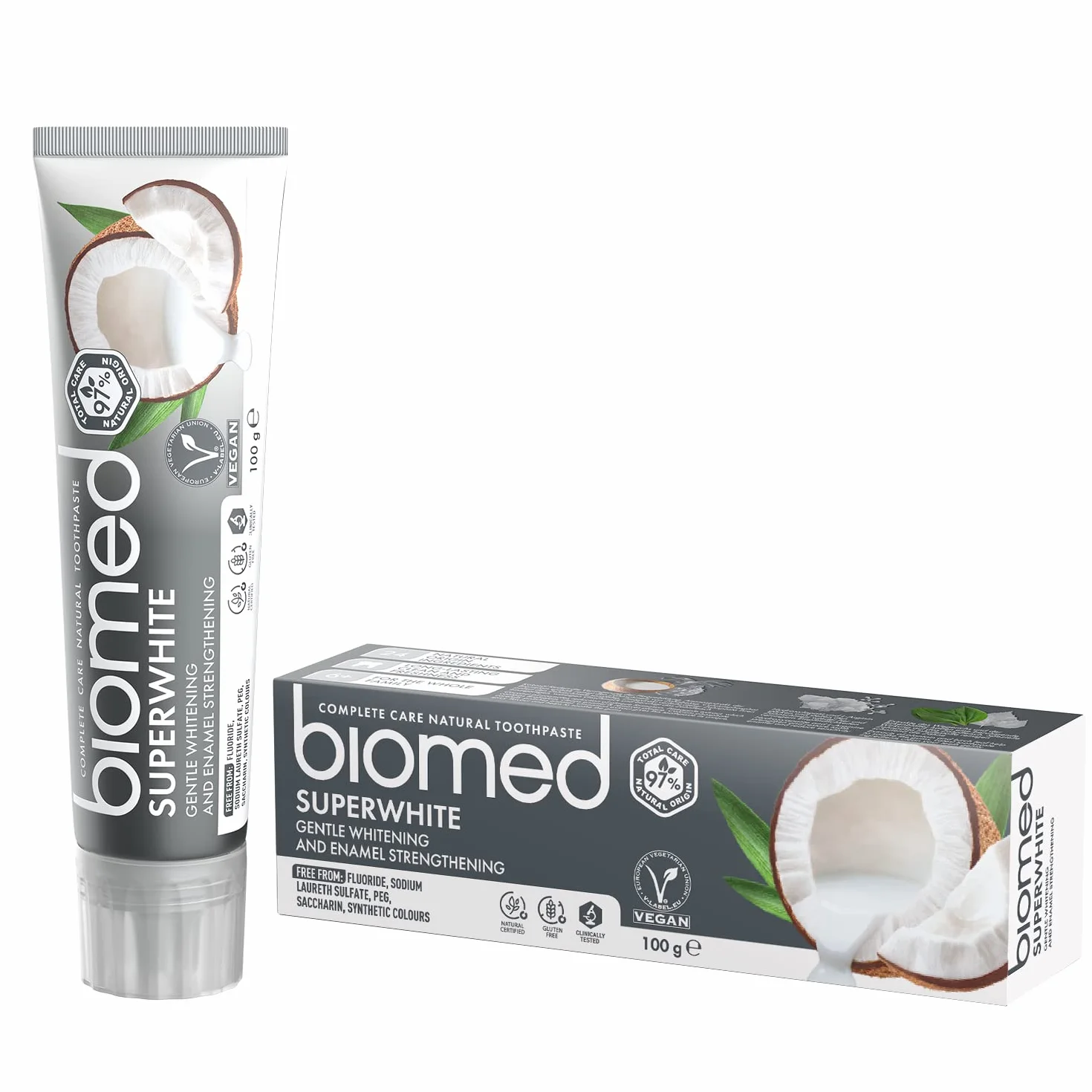 Biomed Superwhite 97% naturalna wybielająca pasta do zębów/wzmocnienie emalii/smak kokosowy, wegański, SLS Free 3x100g