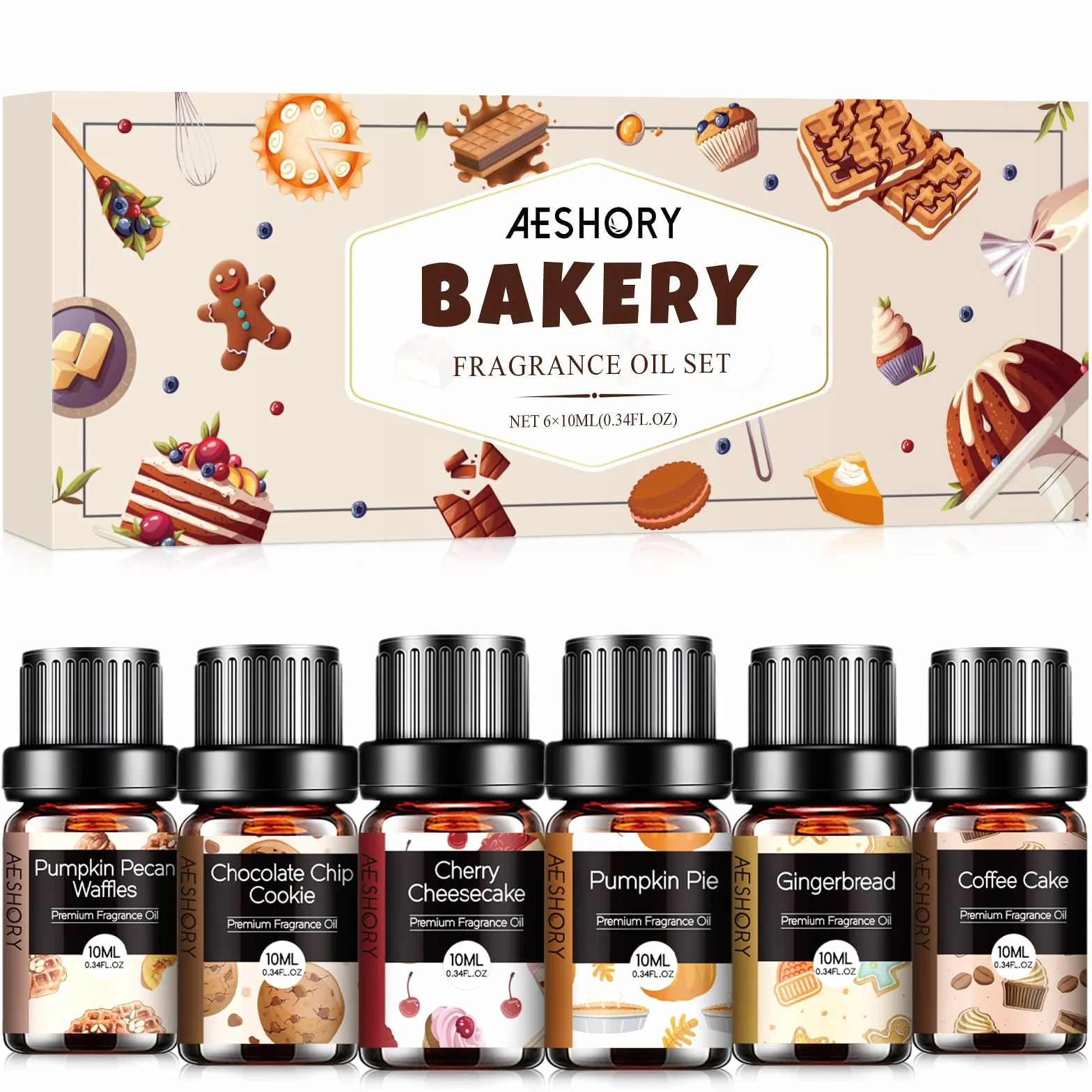 Aeshory Zestaw Olejków Eterycznych Do Wypieków 6 x 10 ml – Pierniki, Ciasto Dyniowe, Gofry Dyniowo Orzechowe, Ciasteczka Z Kawałkami Czekolady, Sernik Wiśniowy, Ciasto Kawowe