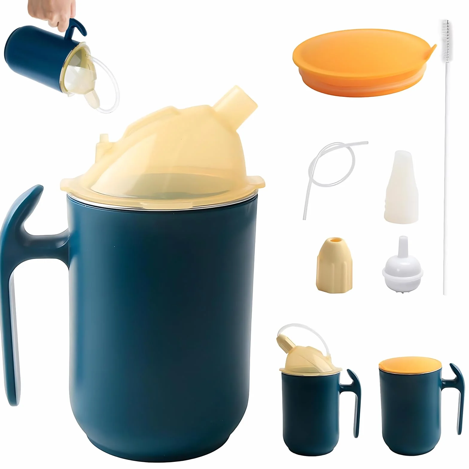 Filiżanka z dziobem 3 w 1, dla seniorów, 400 ml, stal nierdzewna, szczelny kubek z uchwytem, dla seniorów, pacjentów, niepełnosprawnych, macierzyństwa (niebieski)