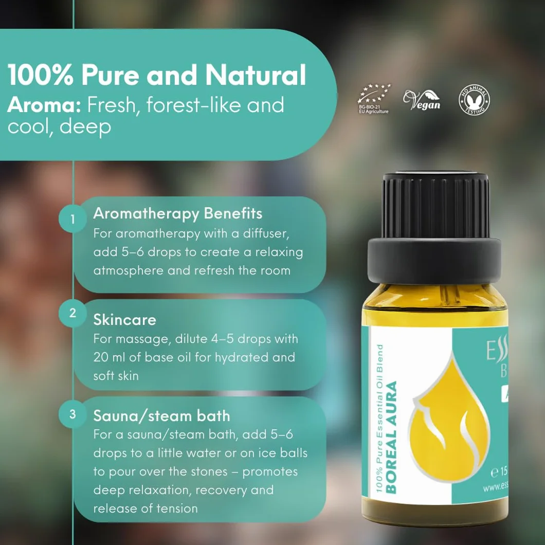 Mieszanka olejków eterycznych Essences Bulgaria Boreal Aura 15 ml | Jodła, sosna, świerk, anyż gwiaździsty, cedr | Aromaterapia, sauna i SPA | 100% czysty, nierozcieńczony