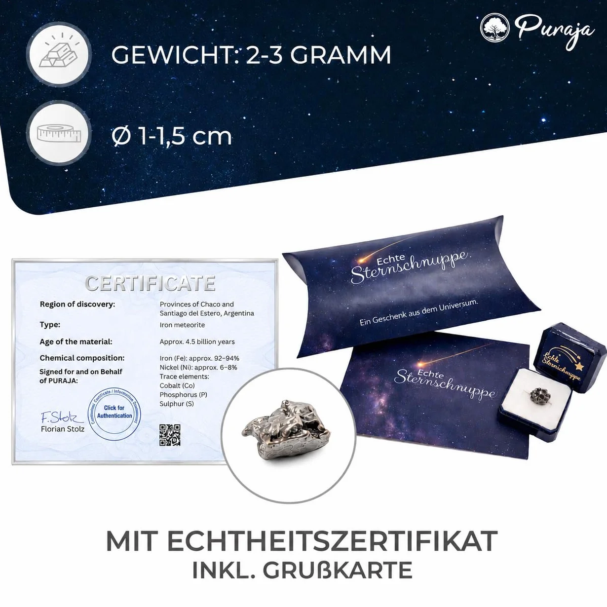 PURAJA Meteoryt | prawdziwa spadająca gwiazda z certyfikatem | prezent na urodziny, ślub, rocznicę | talizman szczęścia