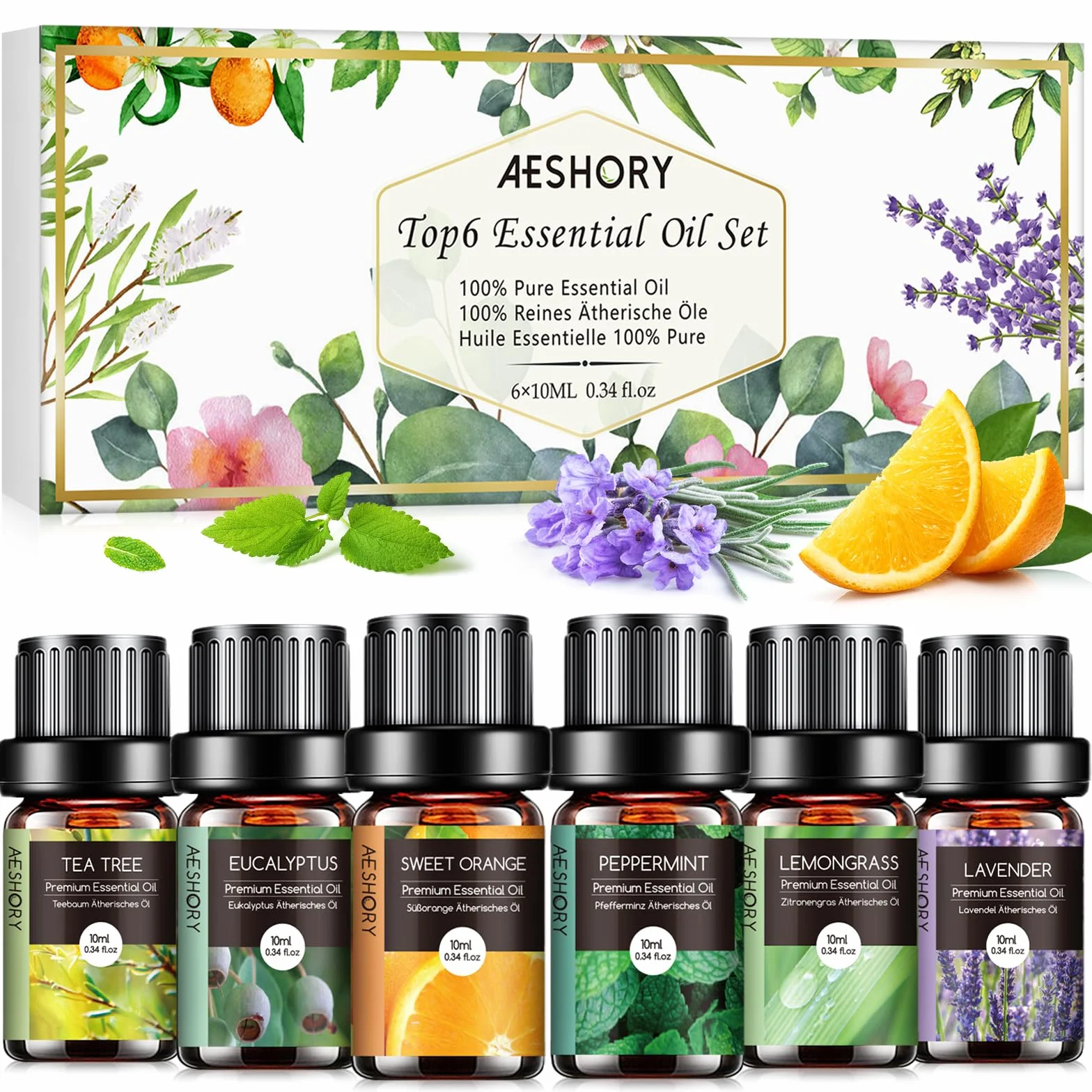 AESHORY Olejki Eteryczne Do Dyfuzorów 6 x 10ML, 100% Naturalny Zestaw Olejków Zapachowych Do Aromaterapii Do Mydła, Świec, Spa - Lawenda, Mięta, Drzewo Herbaciane, Słodka Pomarańcza, Eukaliptus