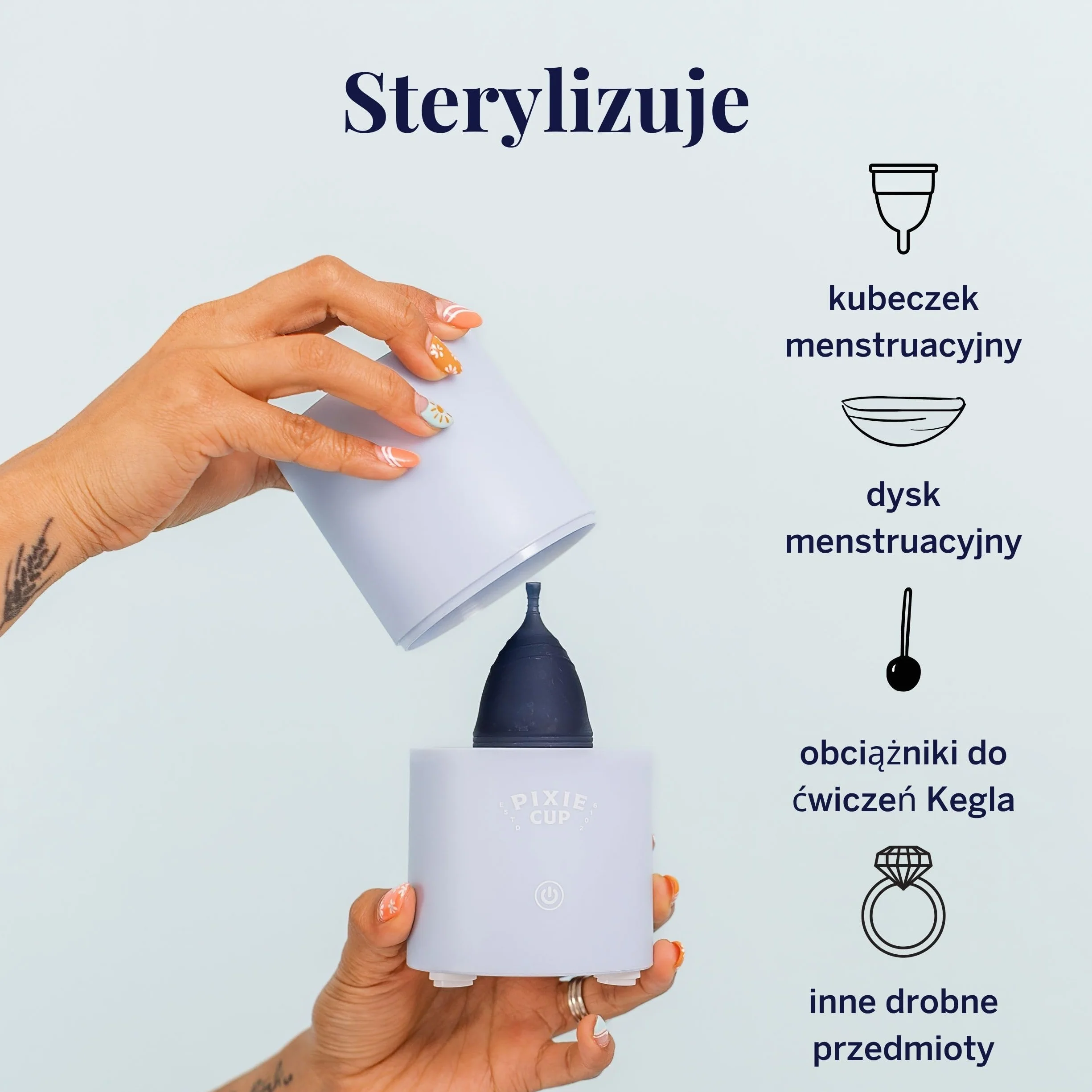 Pixie sterylizator do sterylizatora w kubku menstruacyjnym All-in-One – czyści i przechowuje kubek z okresem – zabija 99,9% zarazków parą